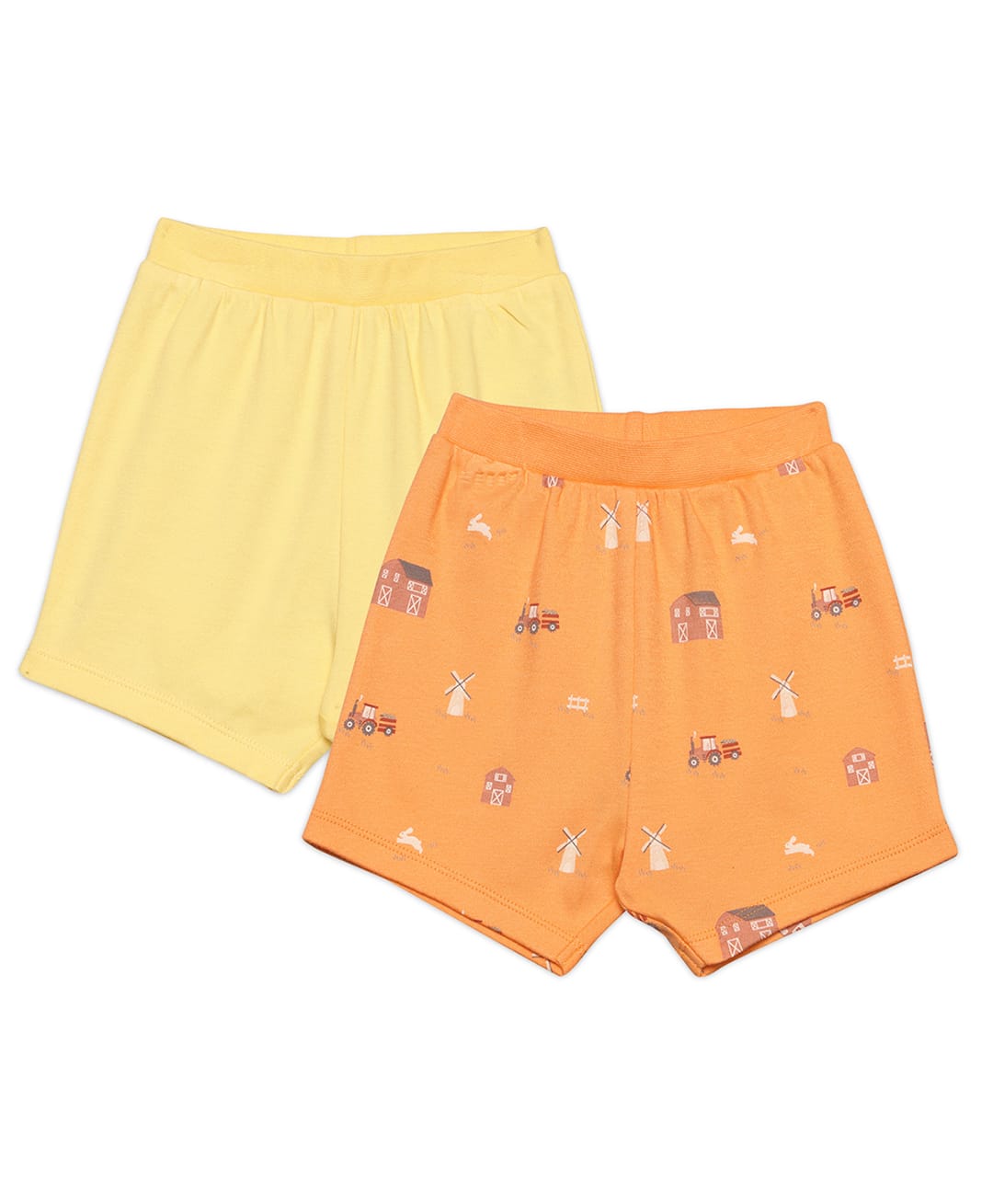 MINI KLUB Cotton Knit Pack Of 2 Farm Theme Printed & Solid Shorts - Yellow & Orange-picture-26