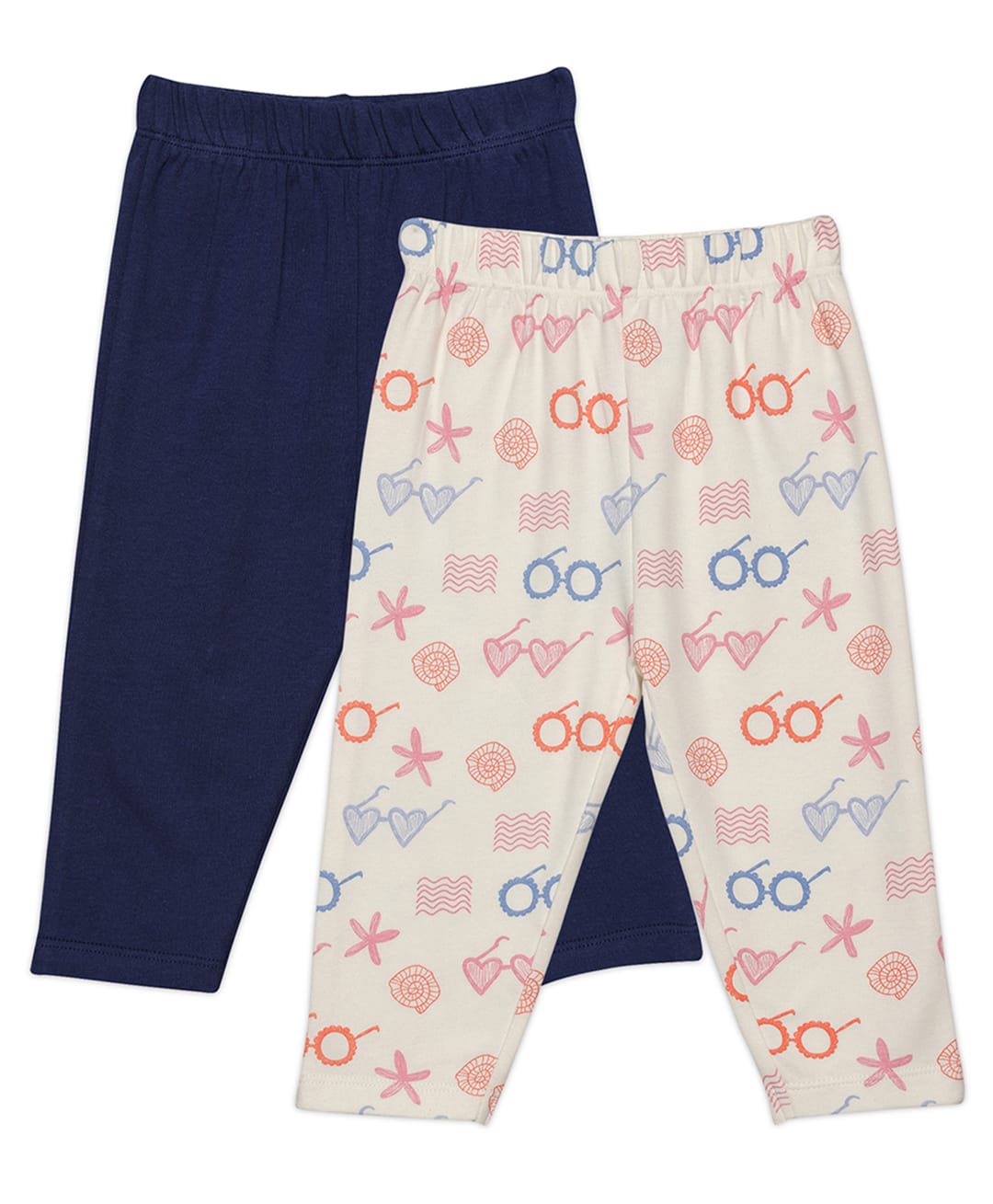 MINI KLUB Cotton Knit Pack Of 2 Solid & Sunglasses Printed Leggings - Navy Blue & White-picture-33