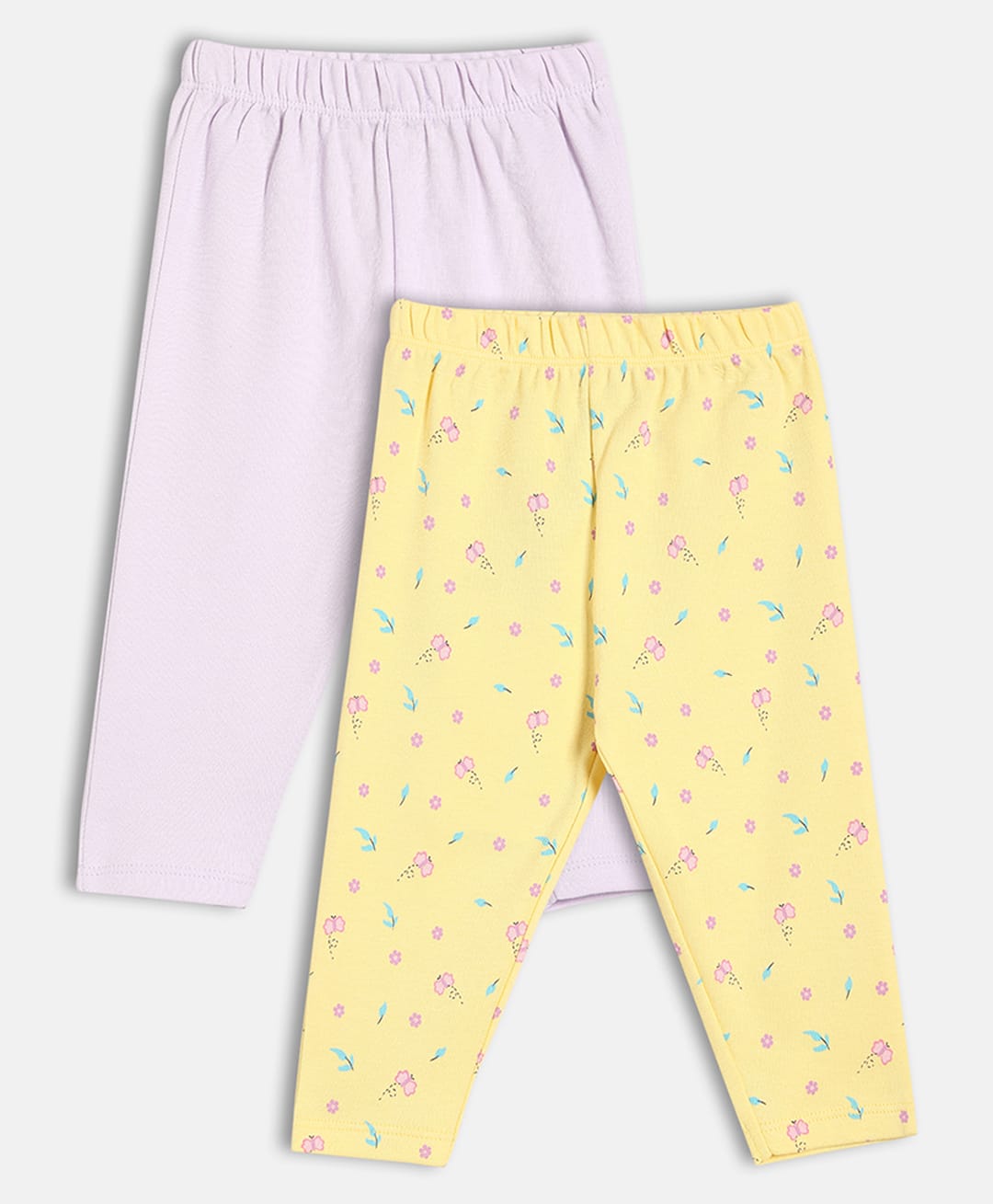 MINI KLUB Cotton Knit Pack Of 2 Solid & Floral Printed Leggings - Yellow & Lavender-image-21