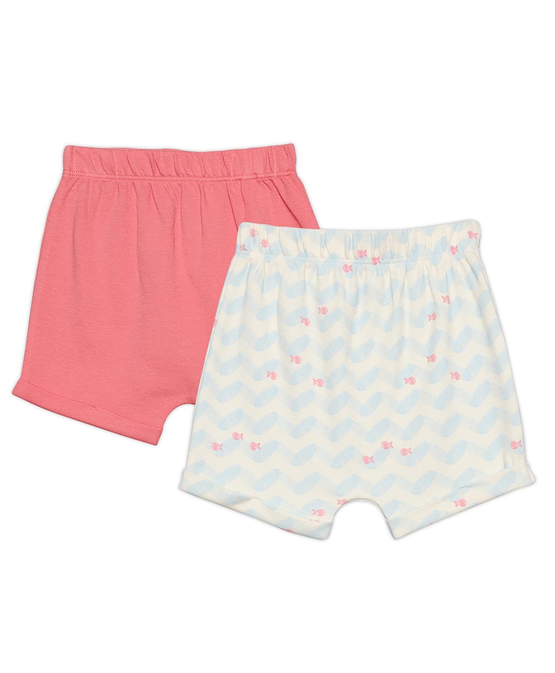MINI KLUB Cotton Knit Pack Of 2 Fishes Printed & Solid Shorts - Pink & White-picture-40