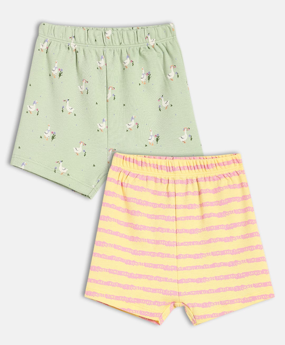 MINI KLUB Cotton Knit Pack Of 2 Ducks Printed & Striped Shorts - Yellow & Green-picture-27