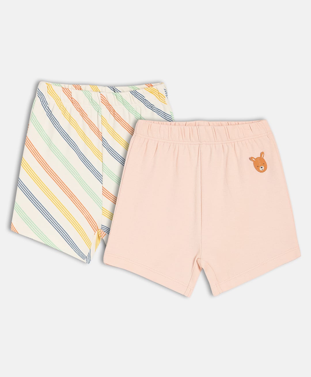 MINI KLUB Cotton Knit Pack Of 2 Striped & Deer Applique Detailed Shorts - White & Pink-image-29
