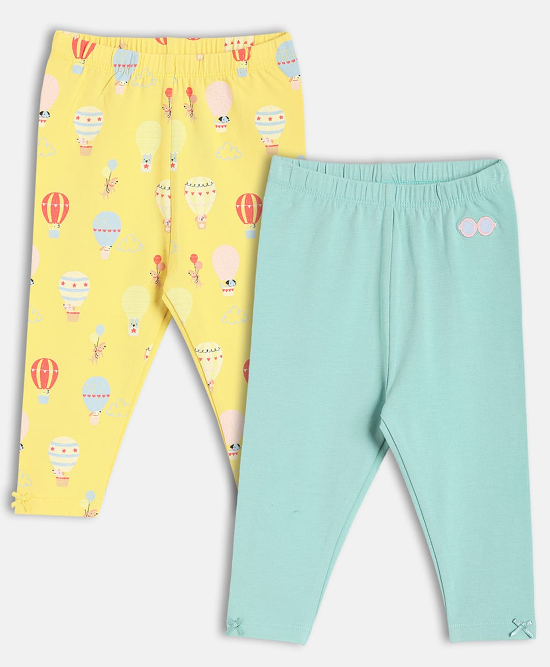 MINI KLUB Cotton Blend Knit Pack Of 2 Hot Air Balloon Printed & Sunglasses Embroidered Leggings - Yellow & Blue-picture-25
