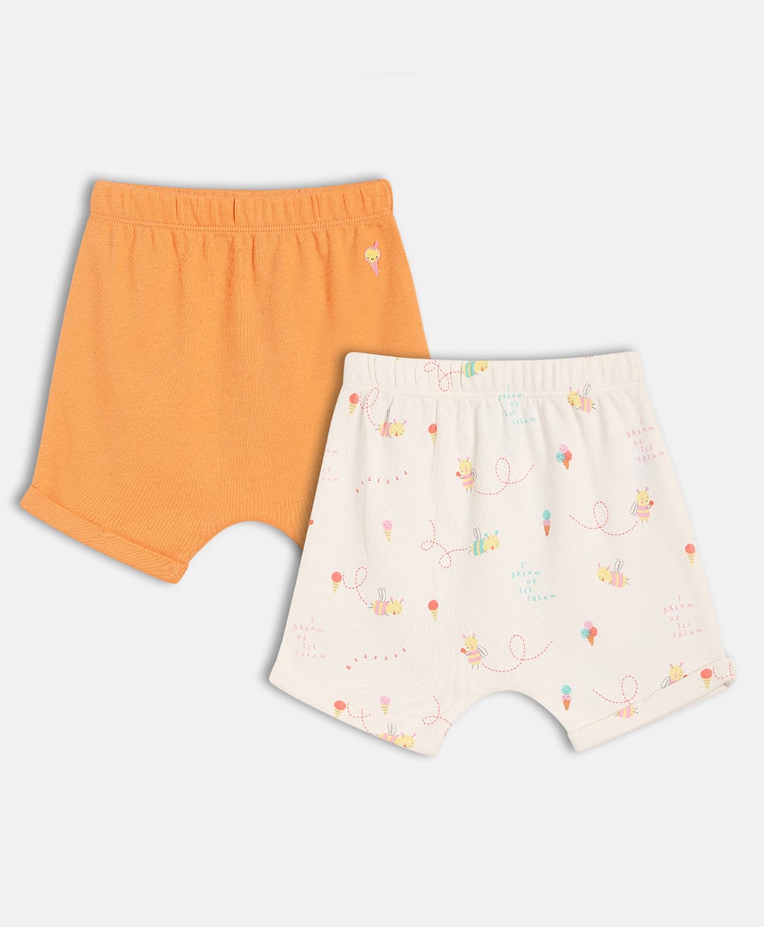 MINI KLUB Cotton Knit Pack Of 2 Bees Printed & Ice Cream Embroidered Shorts - Orange & Pink-picture-25