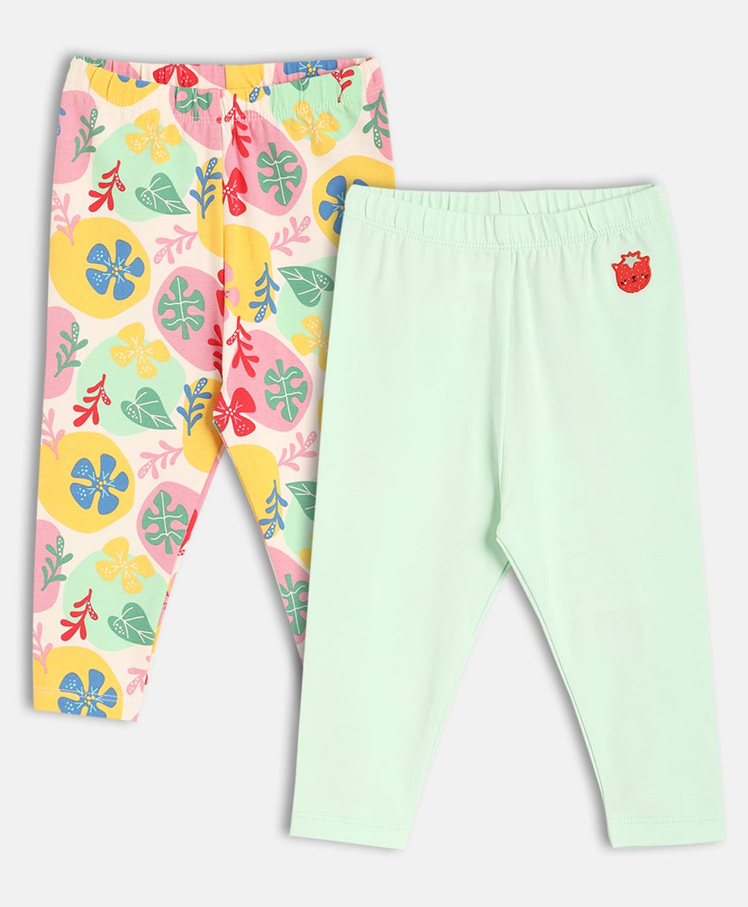 MINI KLUB Cotton Blend Knit Pack Of 2 Strawberry Embroidered & Floral Printed Leggings - Pink & Green-image-29