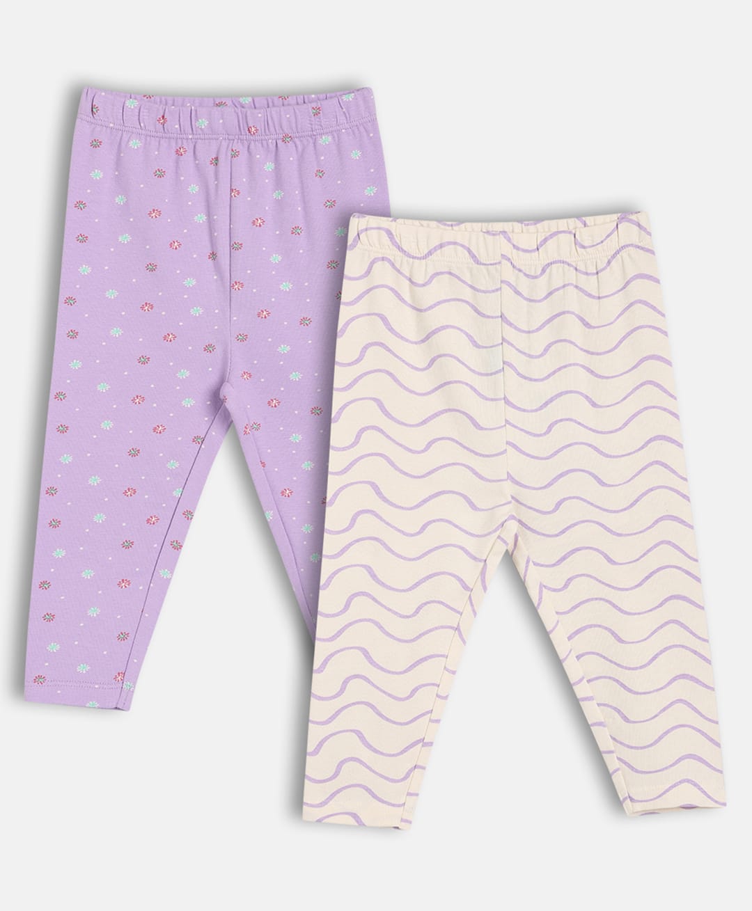 MINI KLUB Cotton Blend Knit Pack Of 2 Floral & Wave Printed Leggings - Pink & Lilac-picture-19