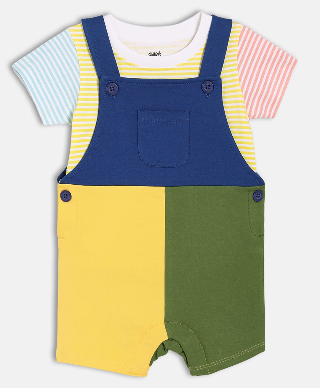 MINI KLUB Cotton Knit Colour Blocked Dungaree With Half Sleeves Striped Tee - Yellow & Blue-image-23