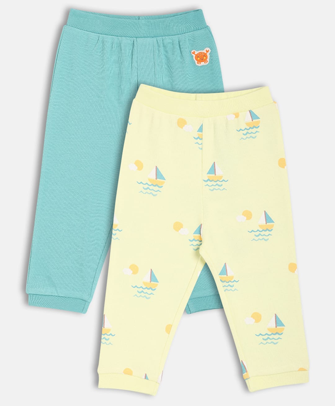 MINI KLUB Cotton Knit Pack Of 2 Crab Patch Detailed & Boat Printed Pants - Blue & Lime Yellow-image-41