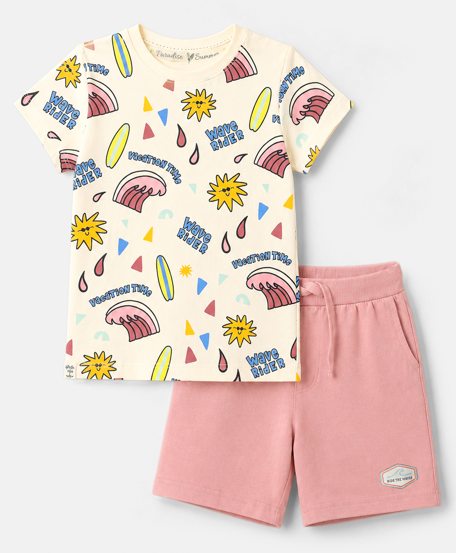 Lazy Bones Sinker Knit Half Sleeves Beach Theme Printed T-Shirt & Shorts Set - Cream & Light Pink-picture-25