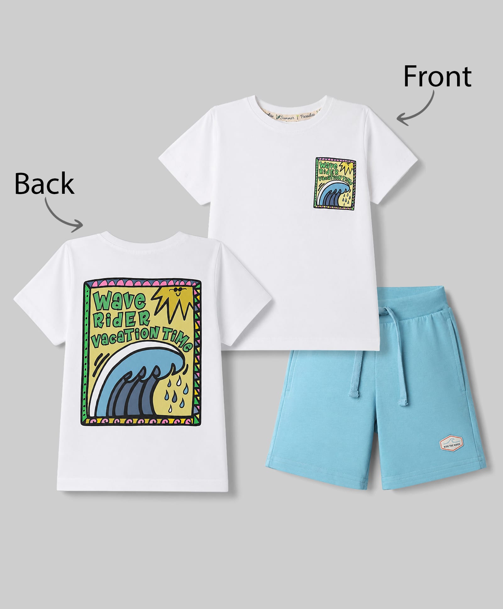 Lazy Bones Sinker Knit Half Sleeves Beach Theme Printed T-Shirt & Shorts Set - White & Light Blue-picture-35