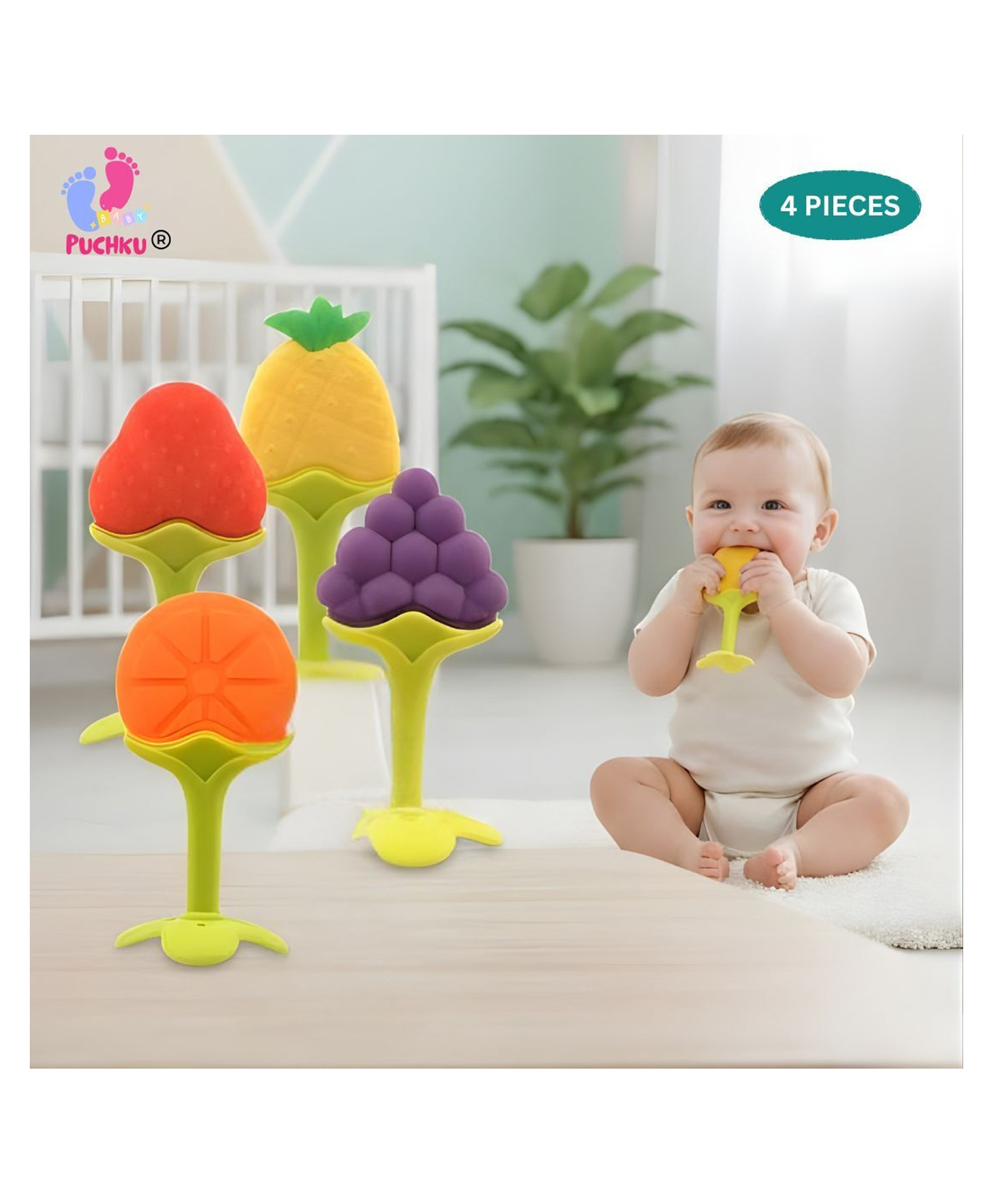 Puchku Silicone Teether Sooth Teething Gums , 100% Food Grade , Easy to Clean , Easy to Grasp, Soft Silicone, Baby Safe, BPA Free, Textured Teether for Sensory Simulation - Multicolor-image-19