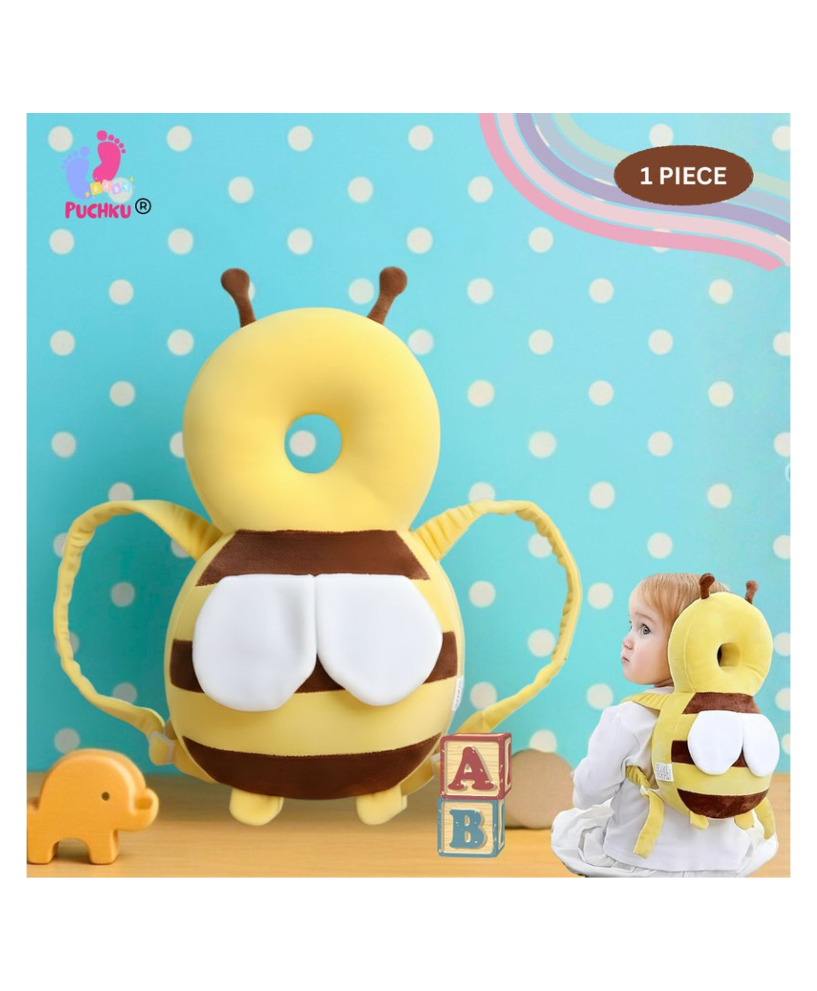 Puchku Baby Head Safety Cushion Backpack Plush Honey Design for Ultimate Protection Adjustable Chest Strap Soft Head Protection Pillow-image-29