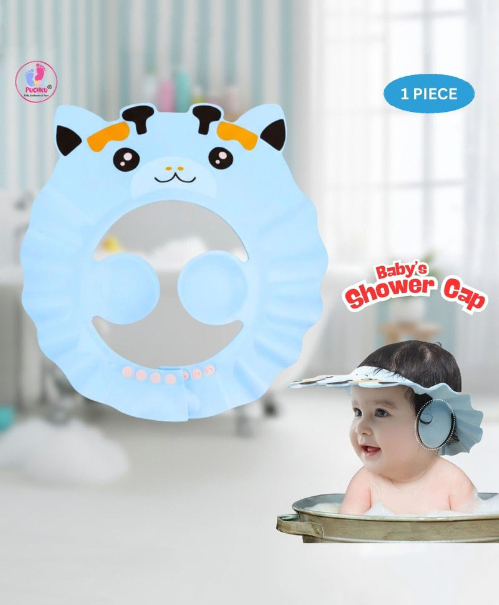 Puchku Adjustable Bathing Baby Shower Cap - Blue-image-4