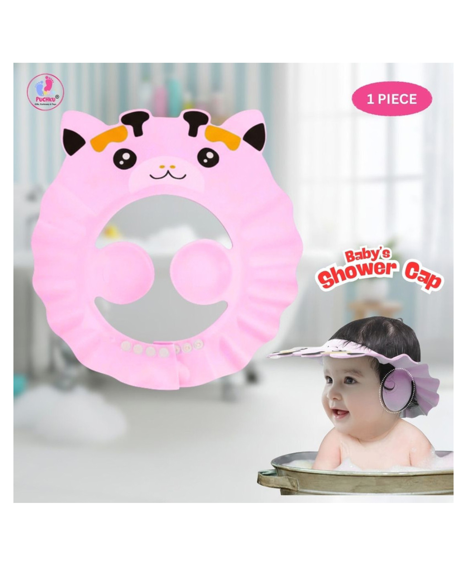 Puchku Adjustable Bathing Baby Shower Cap - Pink-image-18