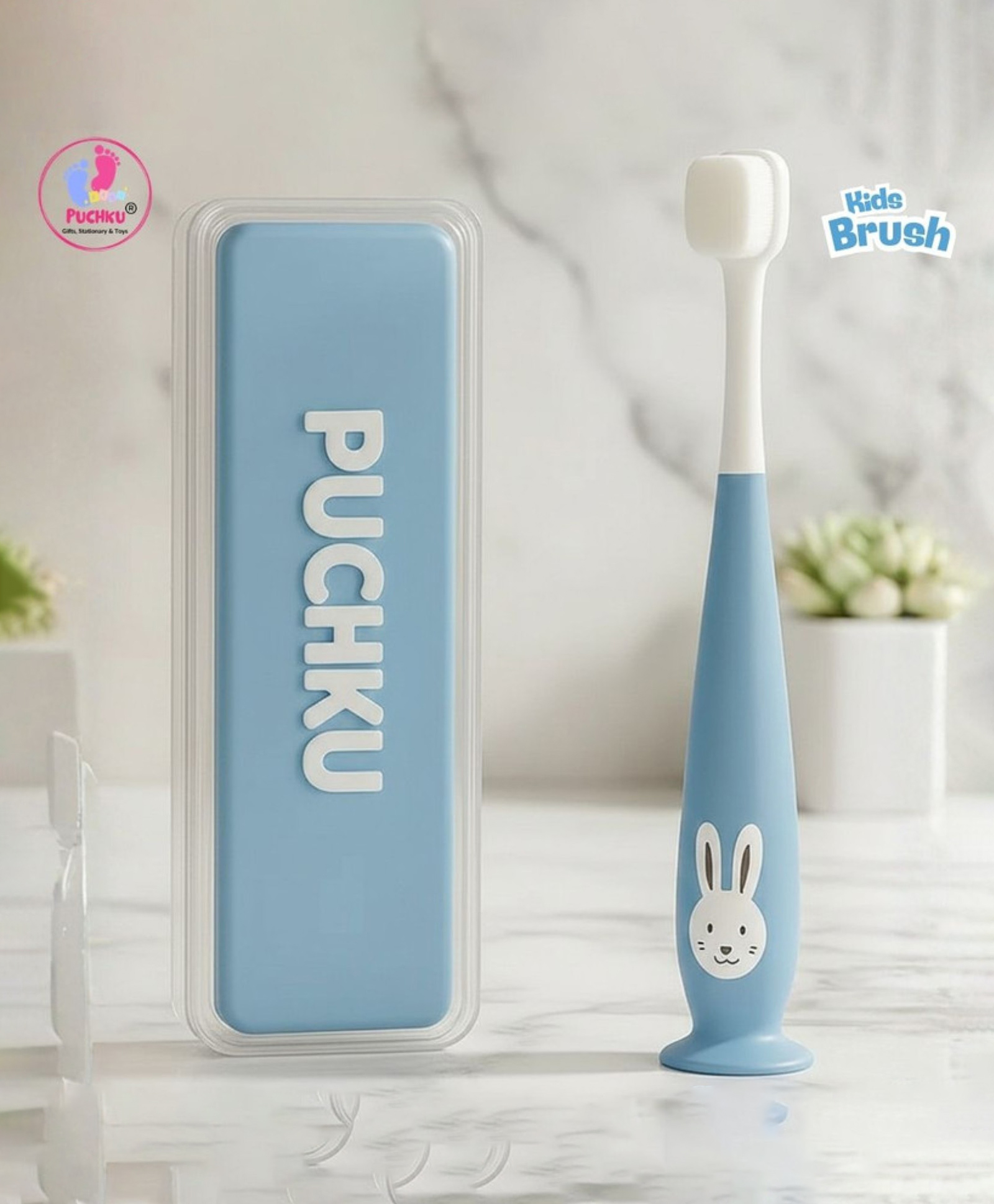 Puchku Baby Toothbrush Supersoft Bristles & Suction Cup Base Toothbrush for Kids , Babies , Toddlers- Blue-image-3