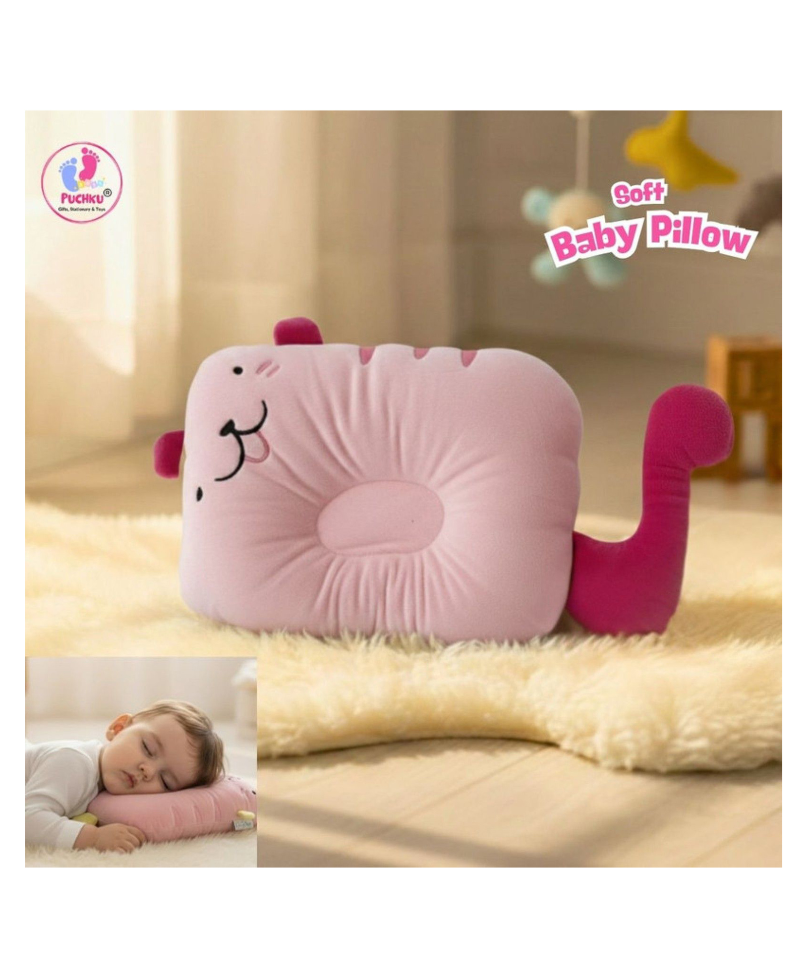 Puchku Premium Baby Head Shaping Pillow Prevent Flat Head Syndrome, New Born|,Neck and Shoulder Support ,Soft & Comfortable| Washable - Pink-image-9