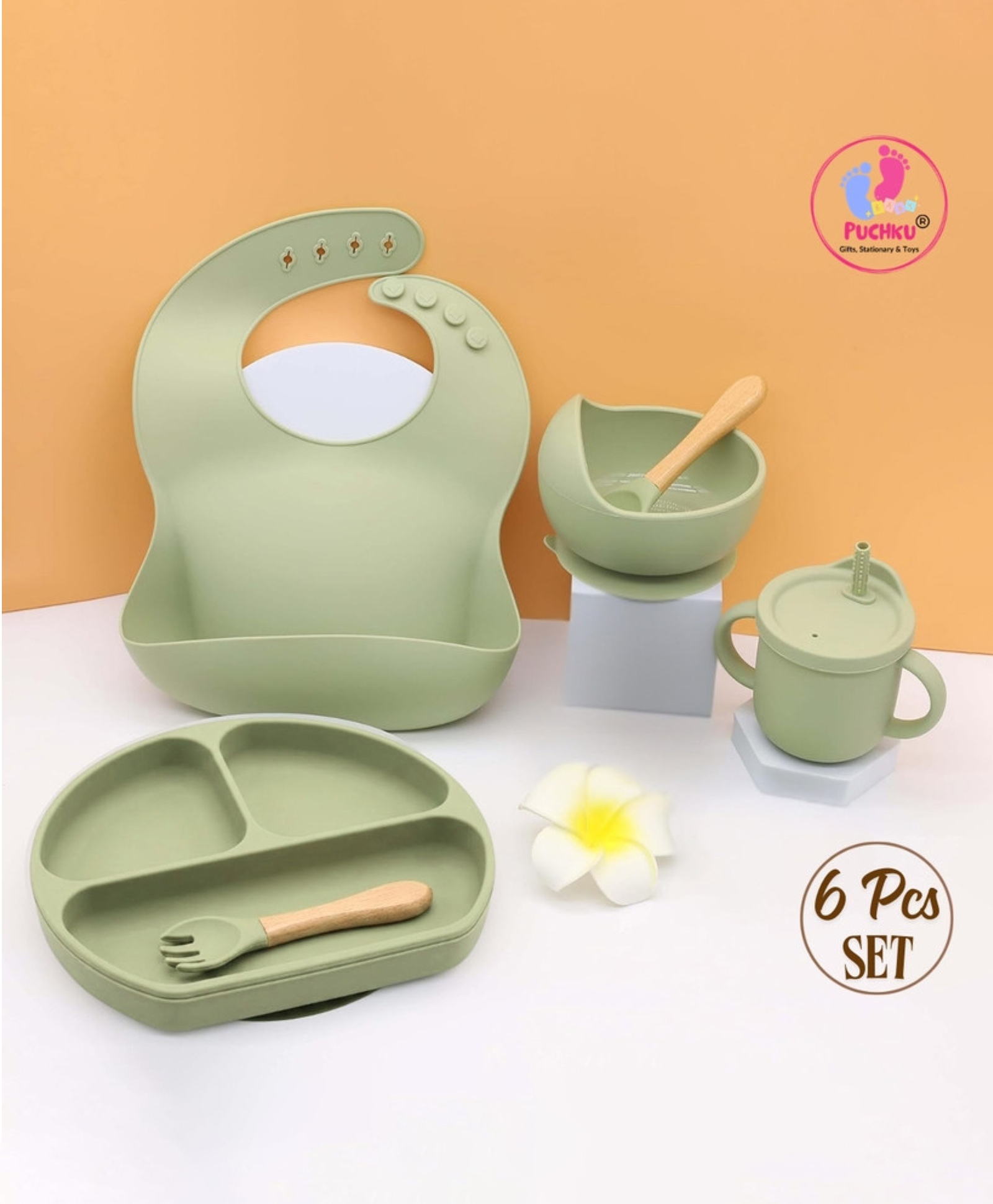 Puchku 6 Pcs Silicone Baby Feeding Set, BPA Free & Microwave Safe Dinner Tableware Kit - Feeding Bowl, Suction Plate, Cup, Spoon, Fork & Bib for Kids -Green-image-34