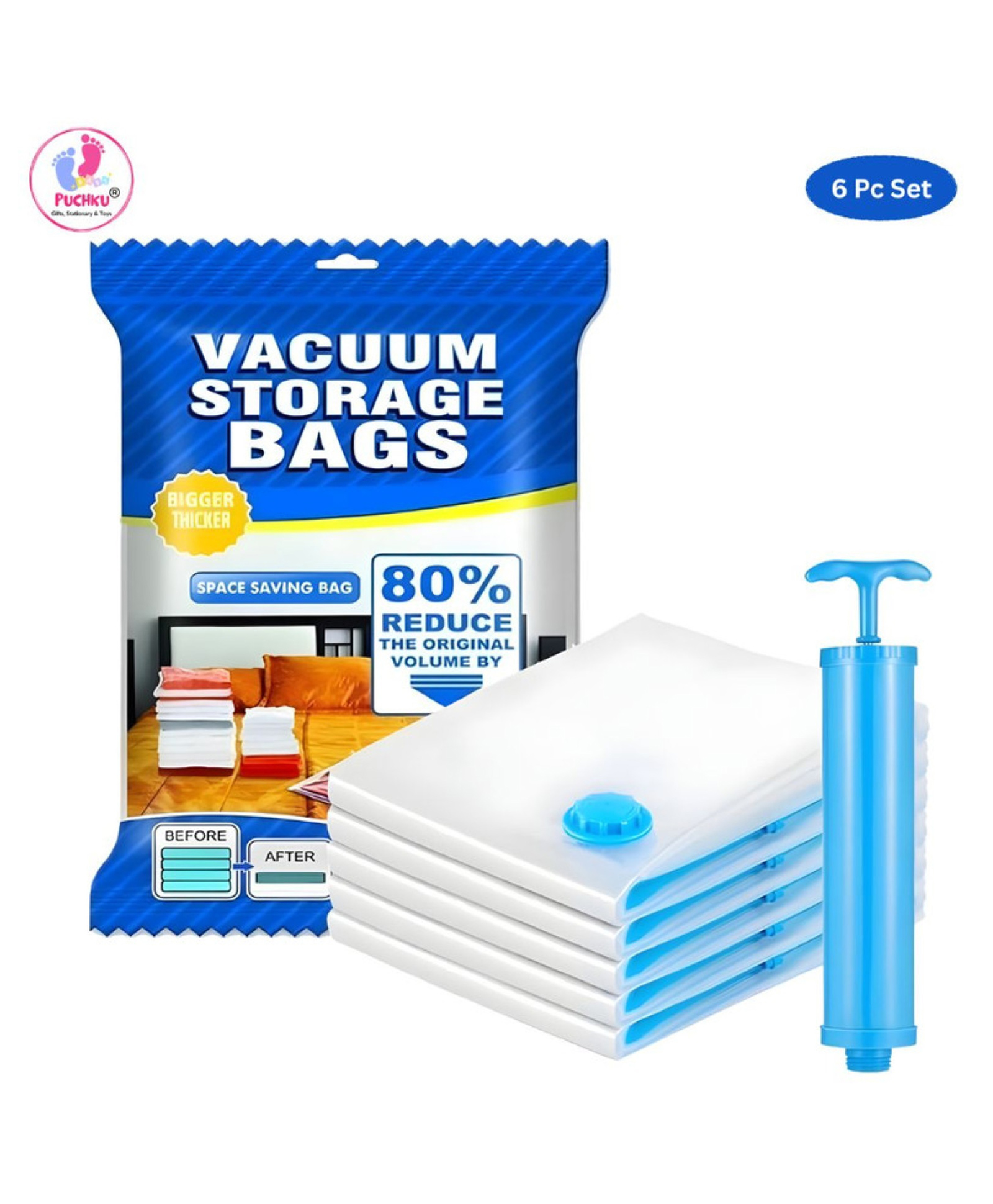 Puchku Space Saver Pack of 6 Variety Reusable Vacuum Storage Ziplock Compression Sealer Bags for Travel clothes and home Blankets, Quilts with hand Pump - Pack of 1 - Color May Vary-picture-24
