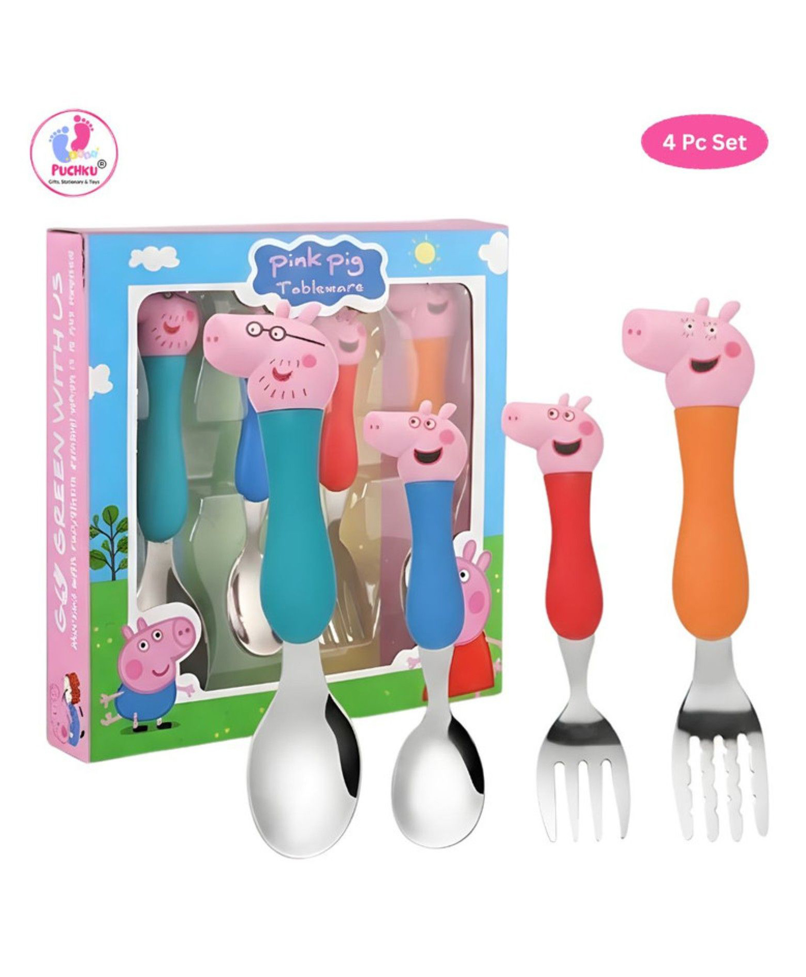 Puchku Stainless Steel Pink Pig Family Spoon & Fork Set Multicolor - Pack of 4-image-39