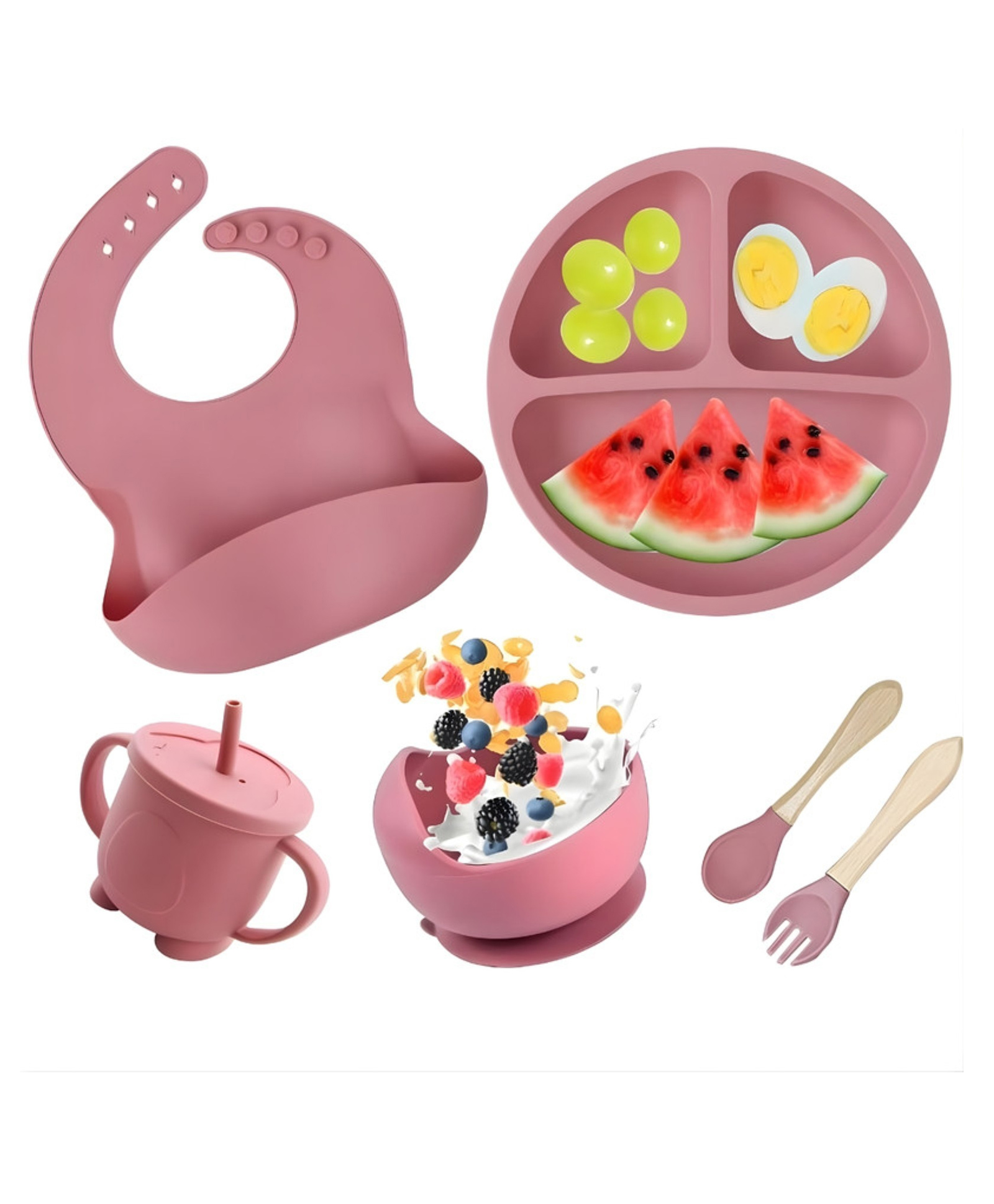 Puchku 6 Pcs Silicone Baby Feeding Set, BPA Free & Microwave Safe Dinner Tableware Kit - Feeding Bowl, Suction Plate, Cup, Spoon, Fork & Bib for Kids ( Pack of 1, Dusky Pink)-image-40
