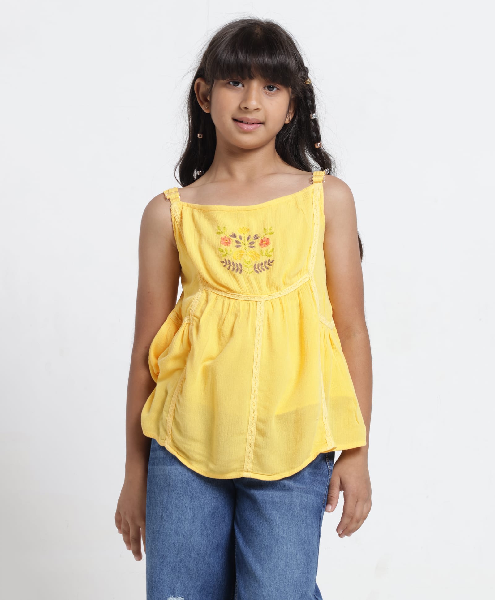 Under Fourteen Only Sleeveless Lace Embellished & Floral Embroidered Top - Yellow-picture-12