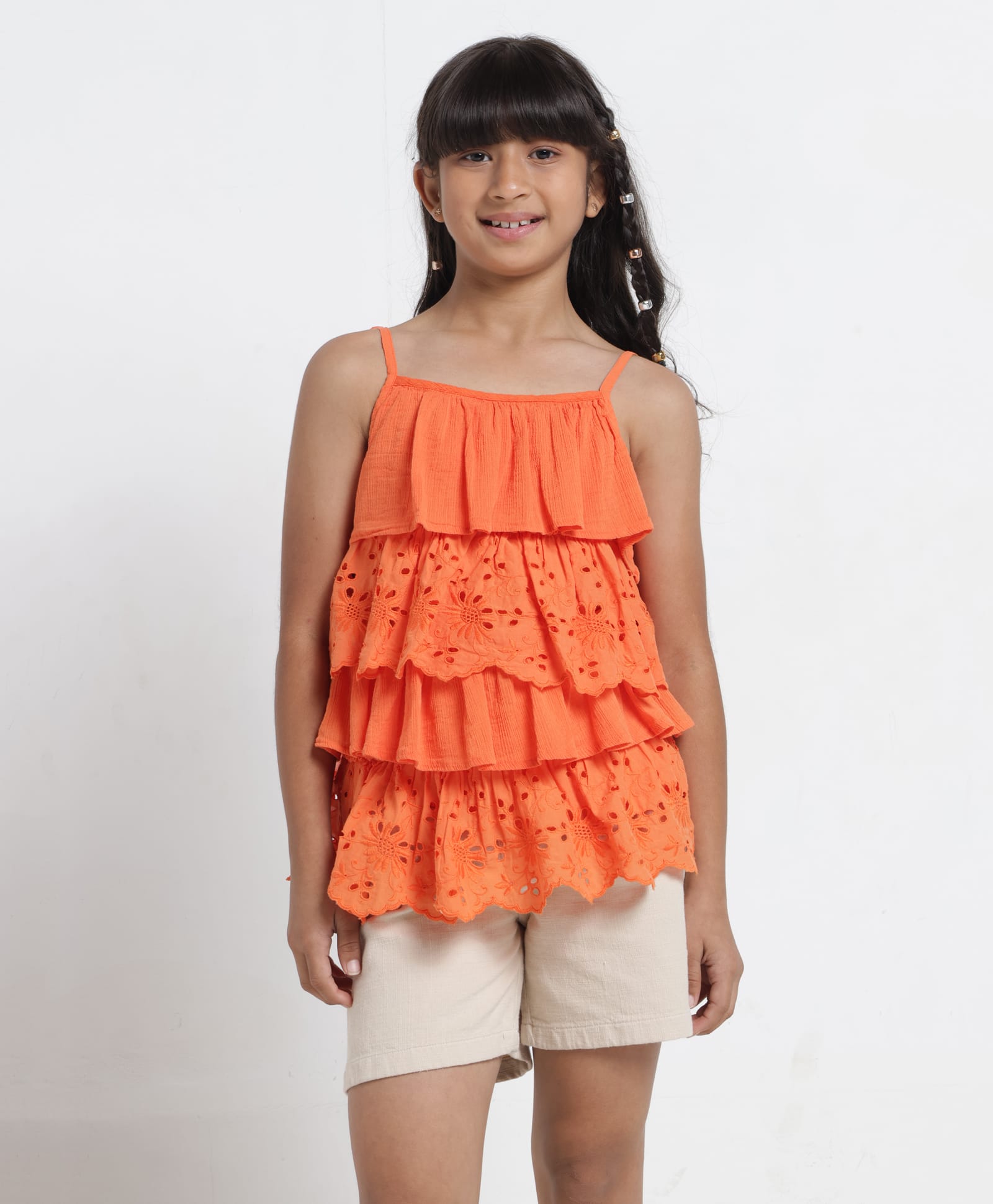 Under Fourteen Sleeveless Schiffli Embroidered Layered Top - Orange-image-32