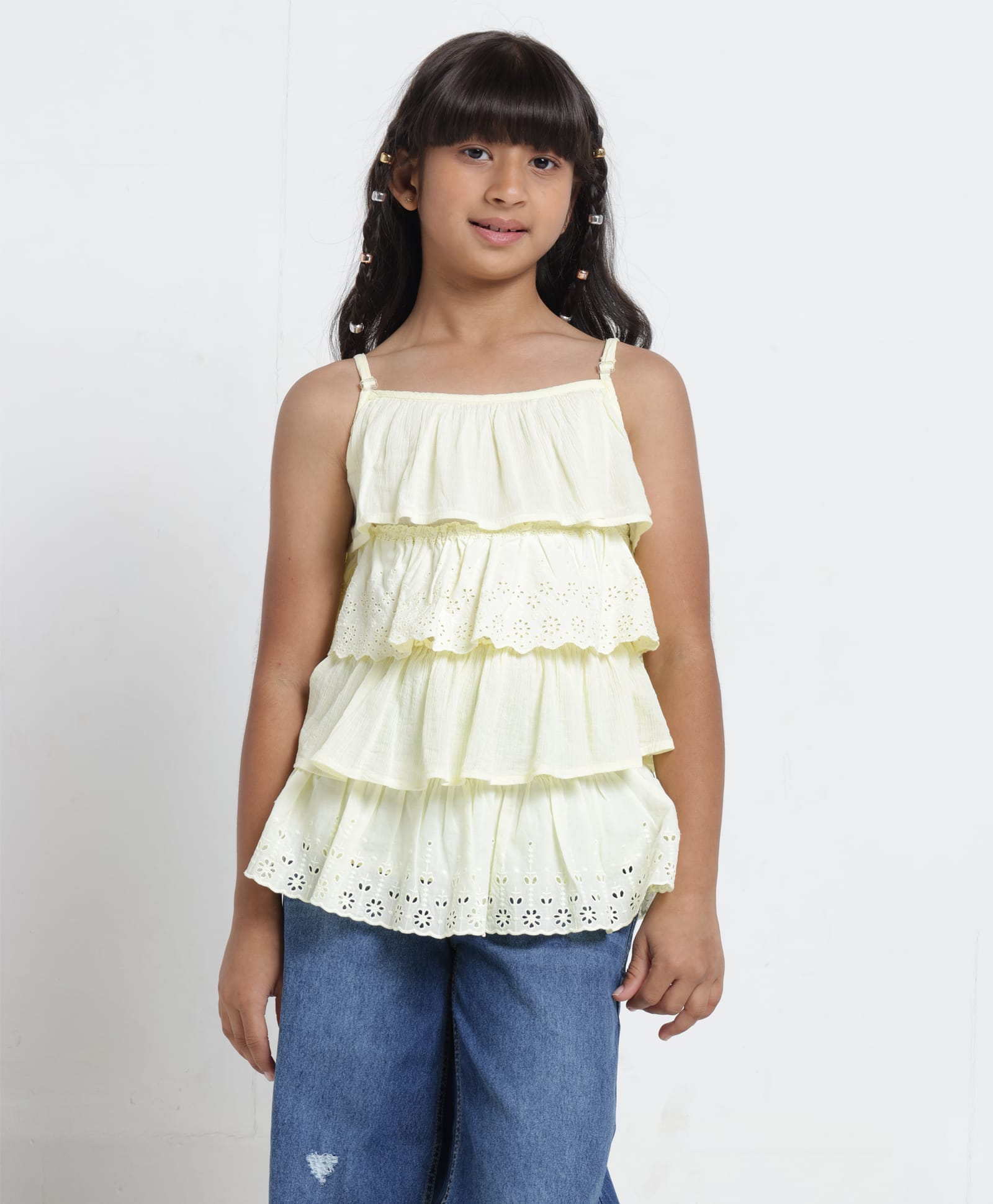 under fourteen only Under Fourteen Sleeveless Schiffli Embroidered Layered Top - Yellow-picture-17