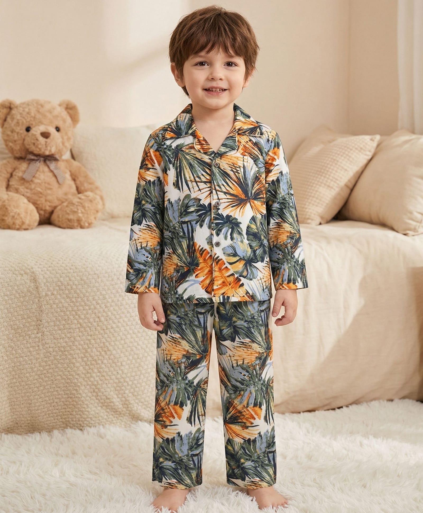 Rikidoos Cotton Woven Full Sleeves Tropical Theme Printed Co-Ords Shirt & Pyjama Night Suit - Green & Orange-picture-6