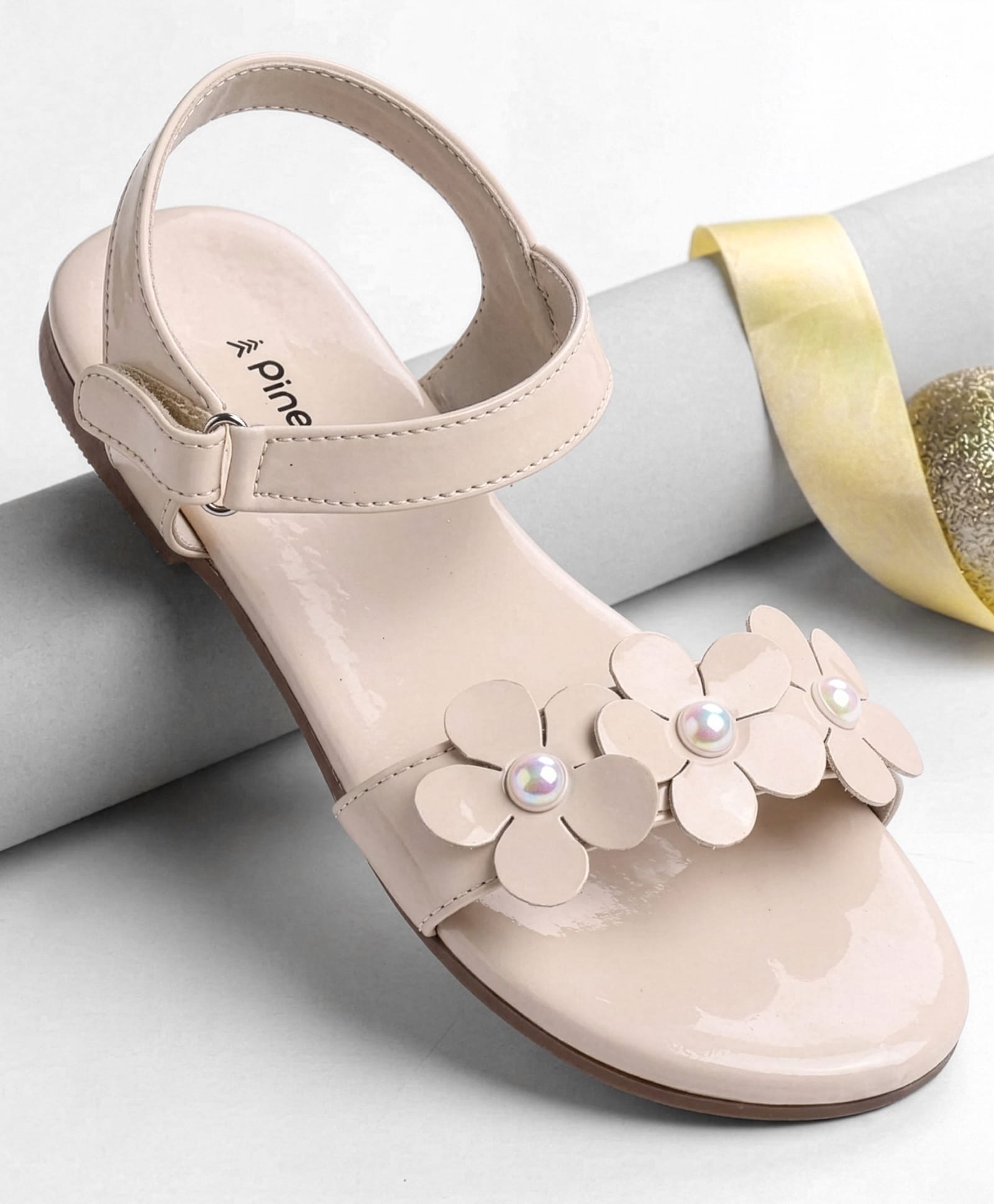 Pine Kids Velcro Closure Sandals With Floral Applique - Beige-picture-7