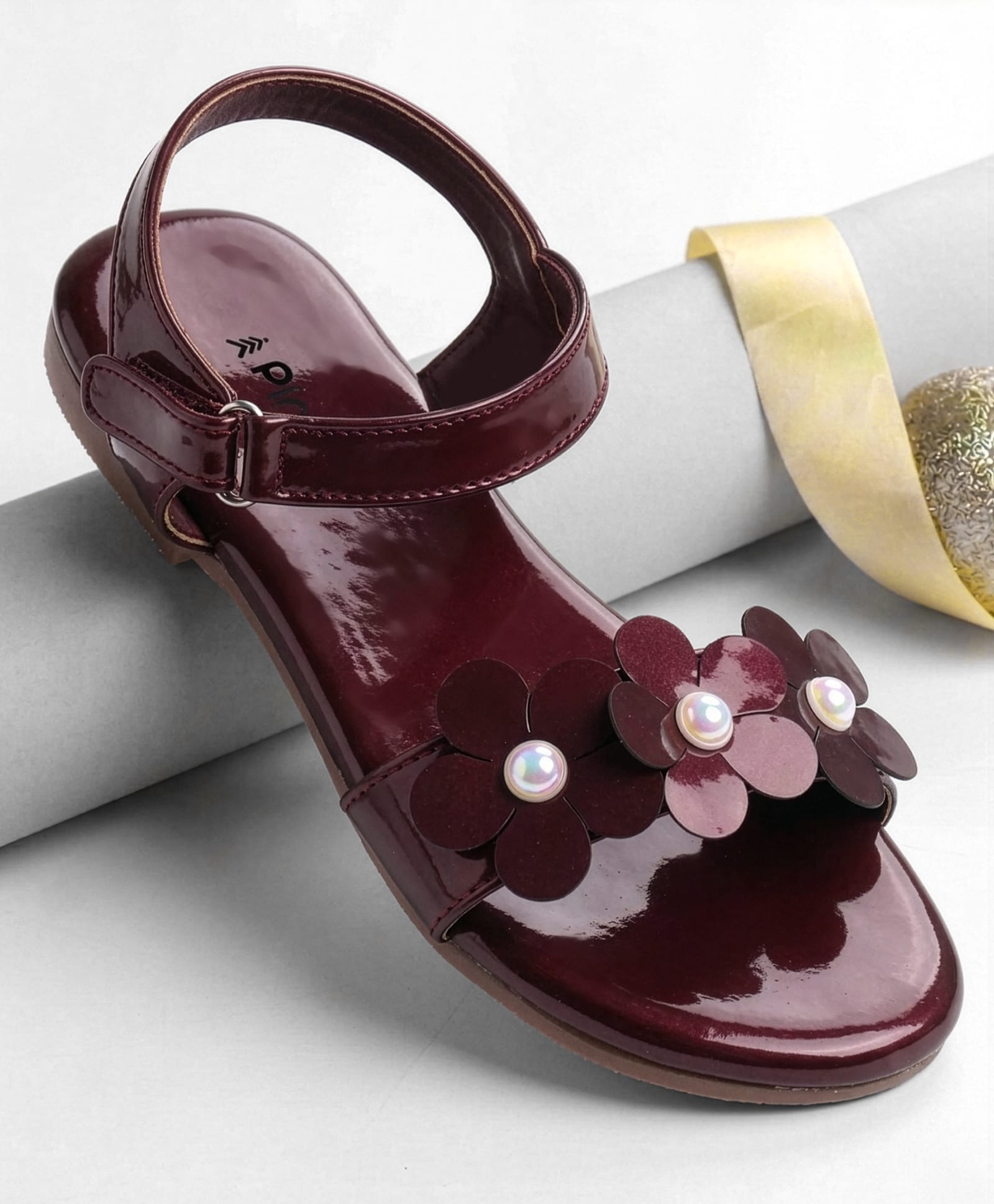 Pine Kids Velcro Closure Sandals With Floral Applique - Maroon-picture-5