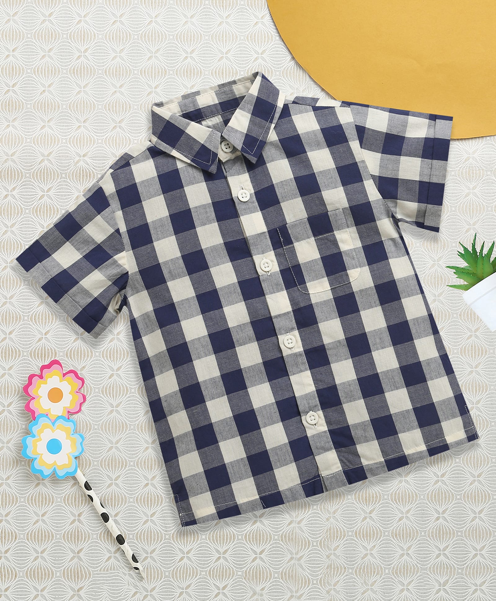 Nino Bambino Organic Cotton Knit Half Sleeves Checked Shirt - White-picture-34