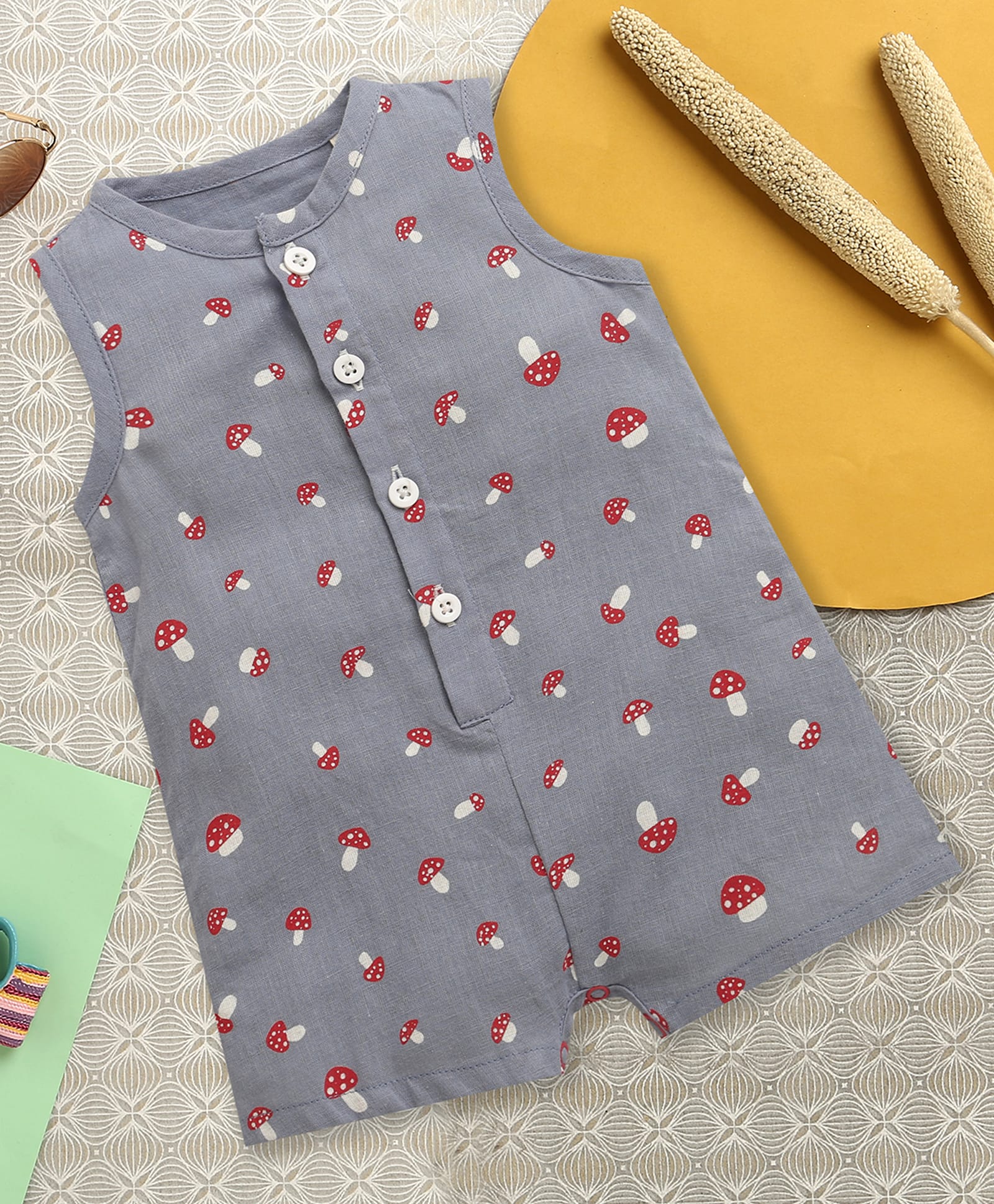 Nino Bambino Organic Cotton Woven Sleeveless Mushroom Printed Romper - Grey-image-25