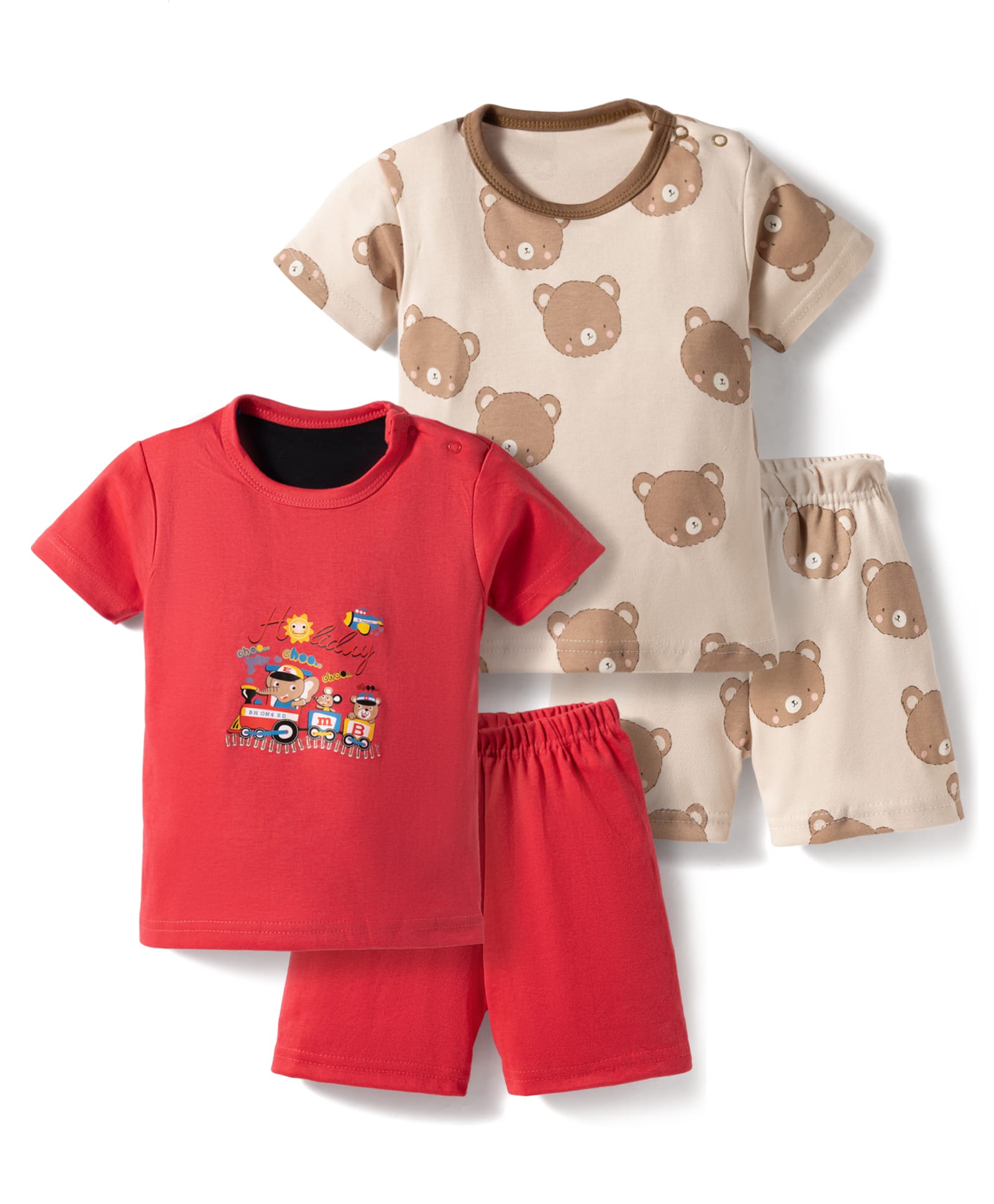 Kidi Wav Pack Of 2 Half Sleeves Teddy Bear & Animal Train Printed Coordinating Tees & Shorts Set - Multi Colour-image-28