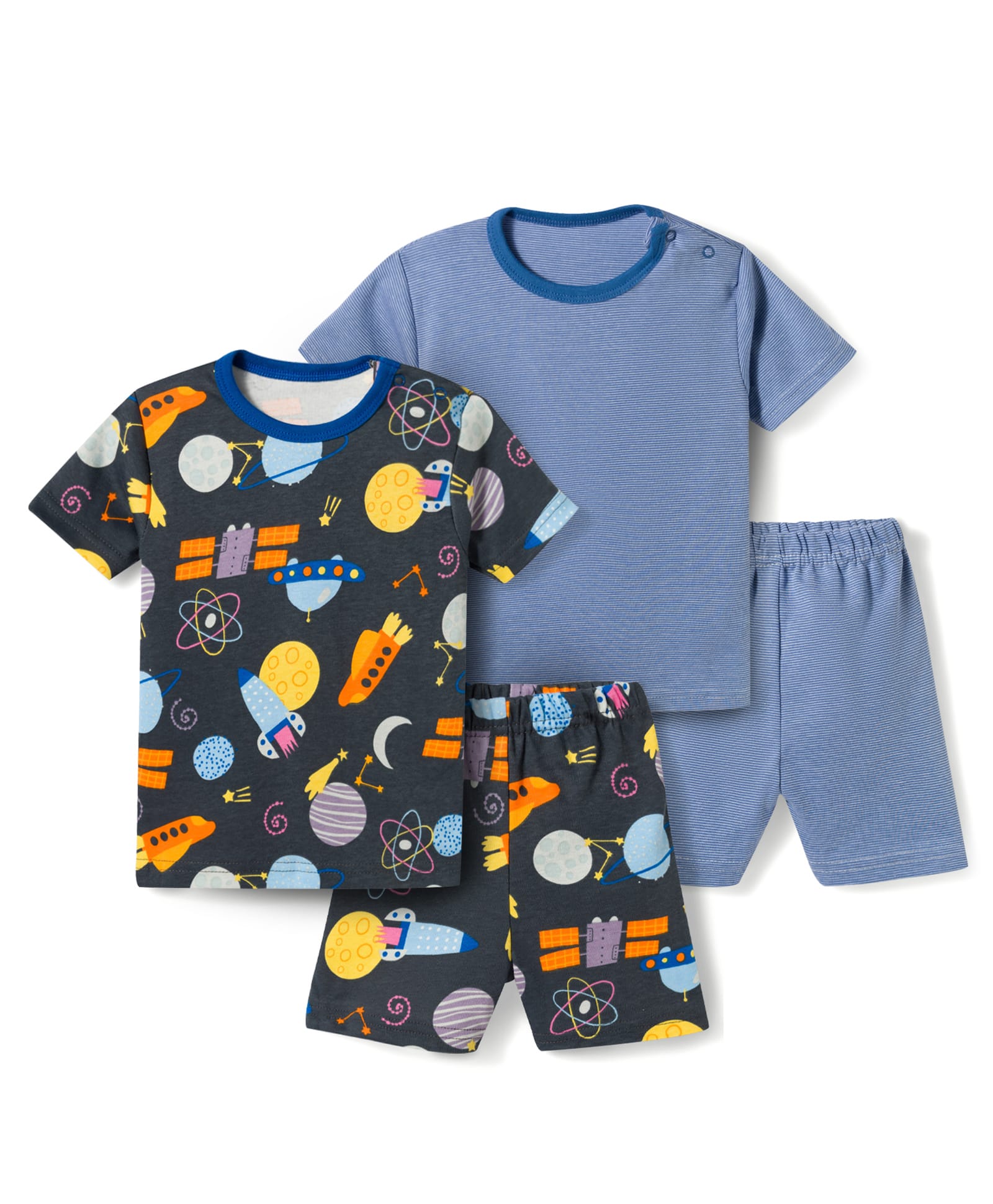 Kidi Wav Pack Of 2 Half Sleeves Striped & Space Theme Printed Coordinating Tees & Shorts Set - Multi Colour-image-34