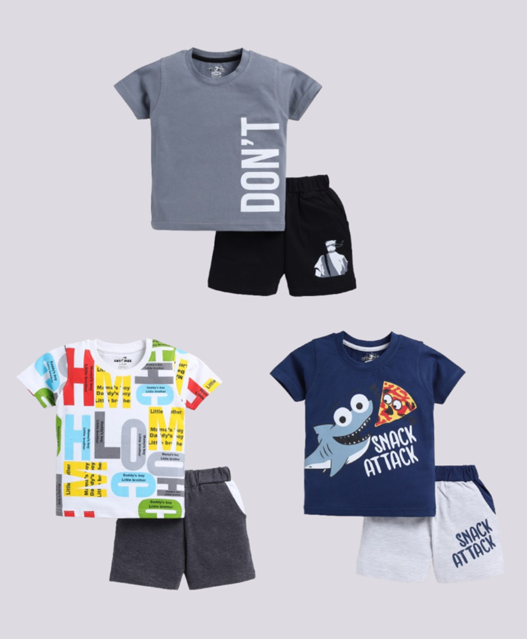 CUTOPIES Cotton Knit Pack Of 3 Half Sleeves Typography Printed Tee & Shorts Set - Grey Ink Blue & White-image-15