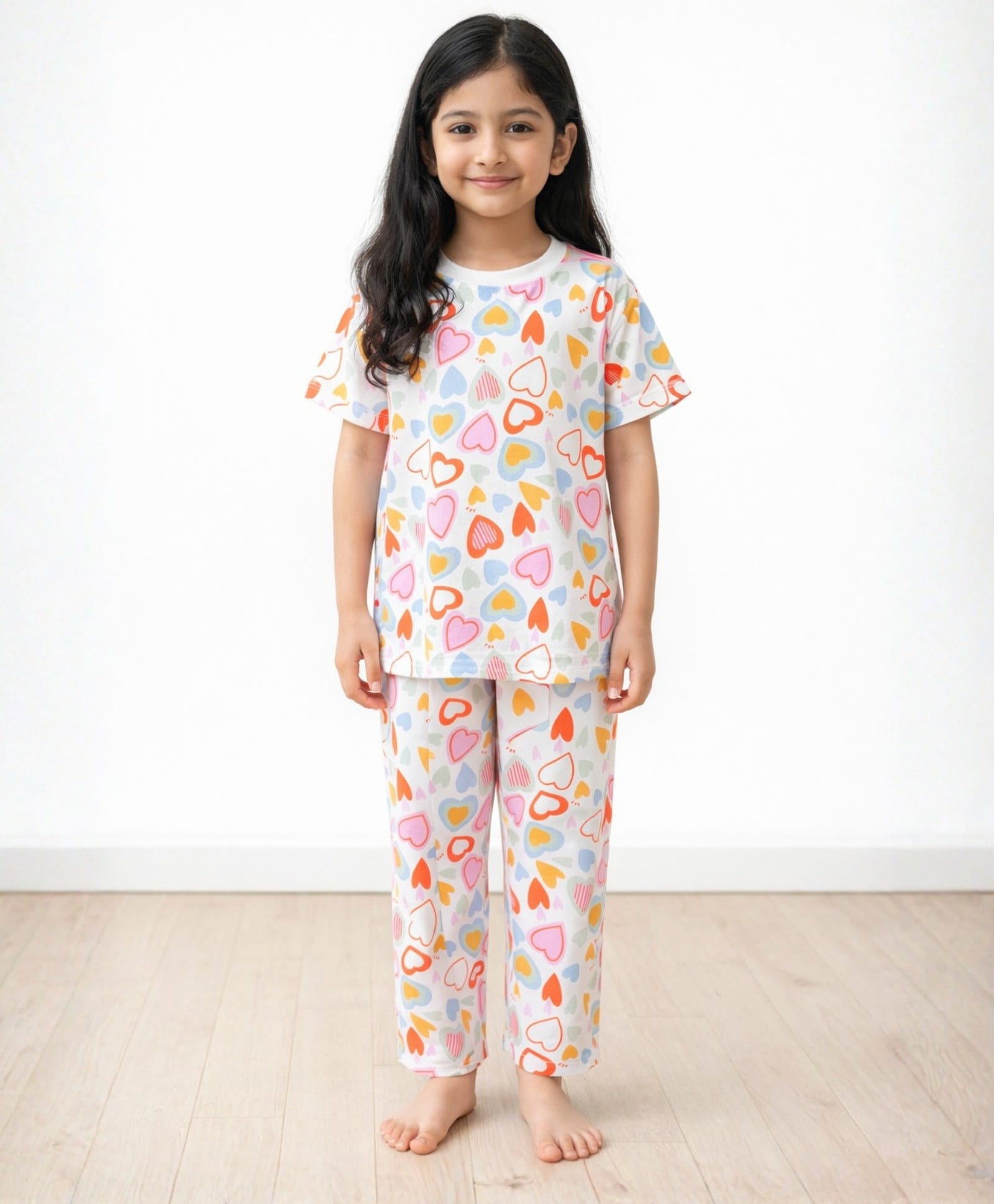 Anthrilo 100% Pure Cotton Knit Half Sleeves Hearts Printed Coordinating Tee & Pajama Night Suit - White-image-45