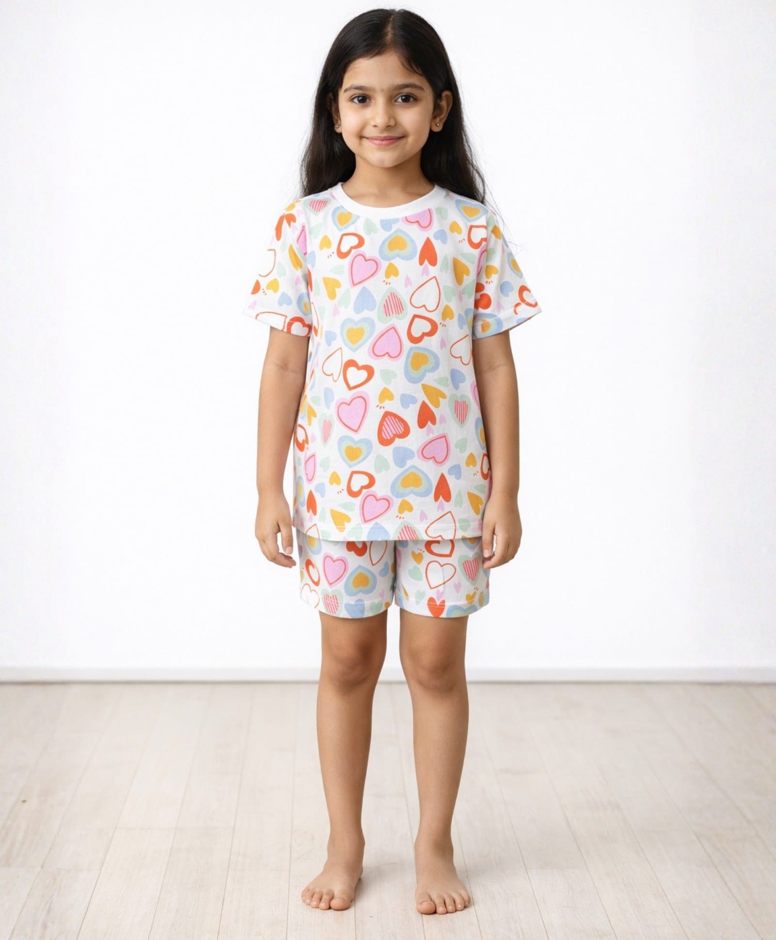 Anthrilo 100% Pure Cotton Knit Half Sleeves Hearts Printed Coordinating Tee & Shorts Night Suit - White-picture-30
