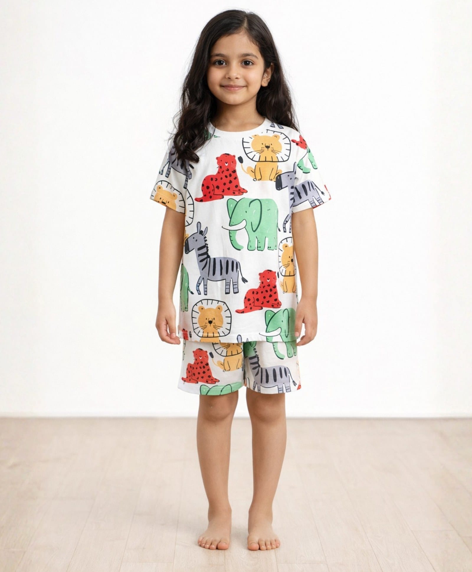 Anthrilo 100% Pure Cotton Knit Half Sleeves Animals Printed Coordinating Tee & Shorts Night Suit - White-picture-41