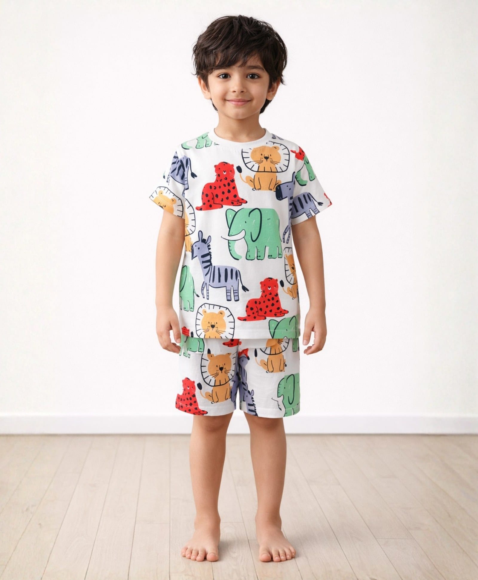 Anthrilo 100% Pure Cotton Knit Half Sleeves Animals Printed Coordinating Tee & Shorts Night Suit - White-picture-23