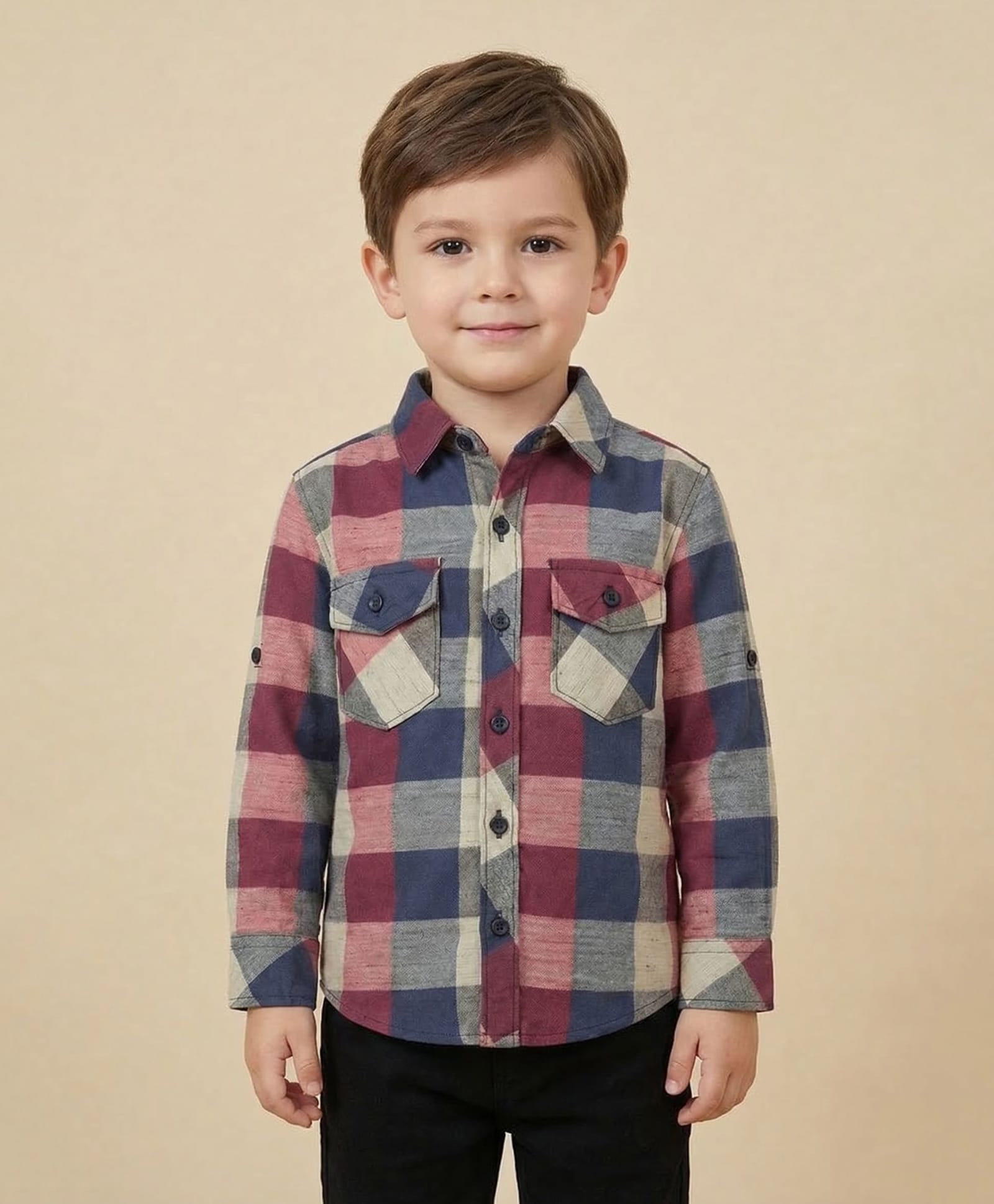 Rikidoos Cotton Woven Full Sleeve Checks Shirt Maroon 3-4 Years-image-1