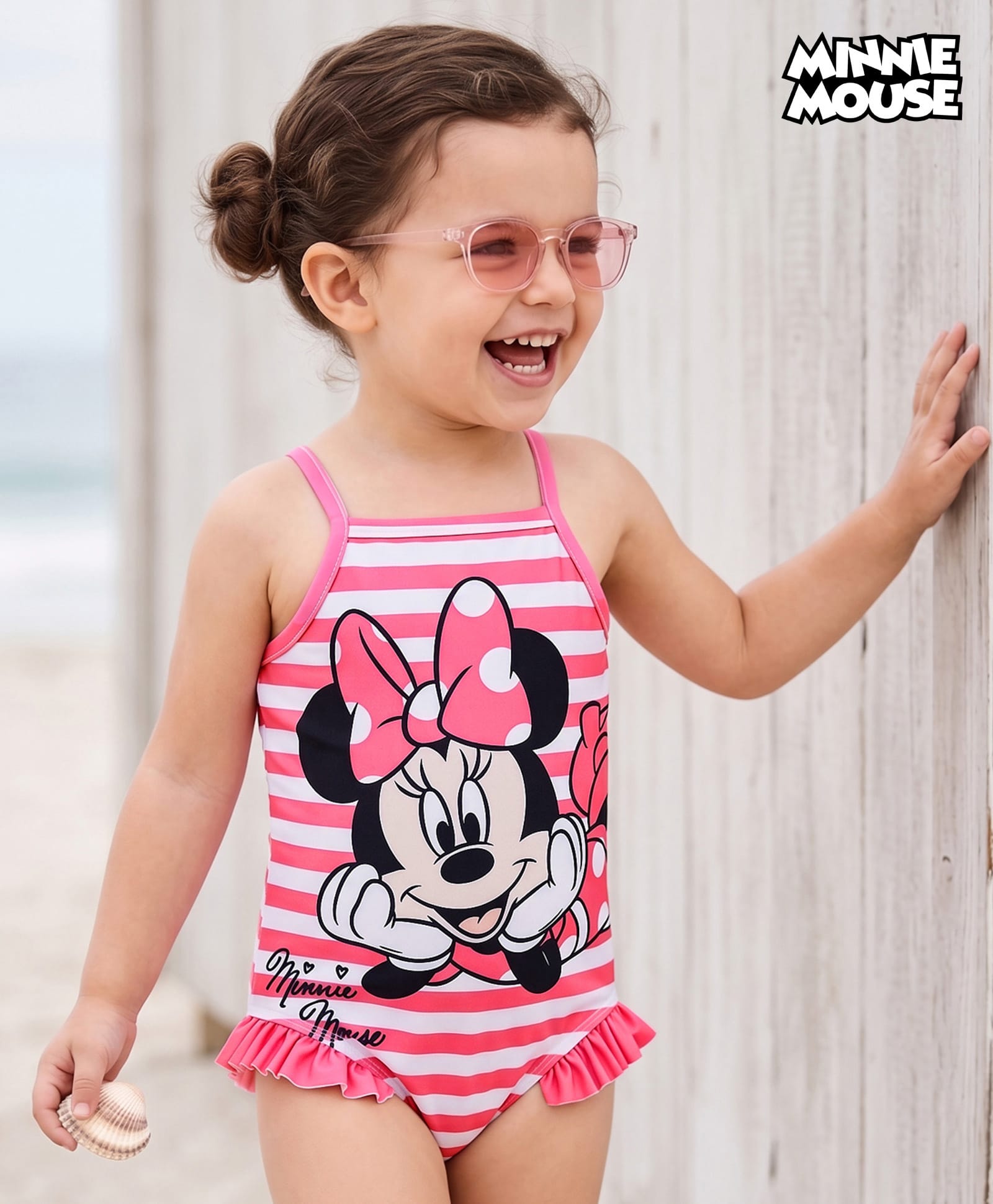 Babyhug Disney Sleeveless V Cut Swimsuit with Frill Design & Minnie Mouse Print - Pink-picture-11