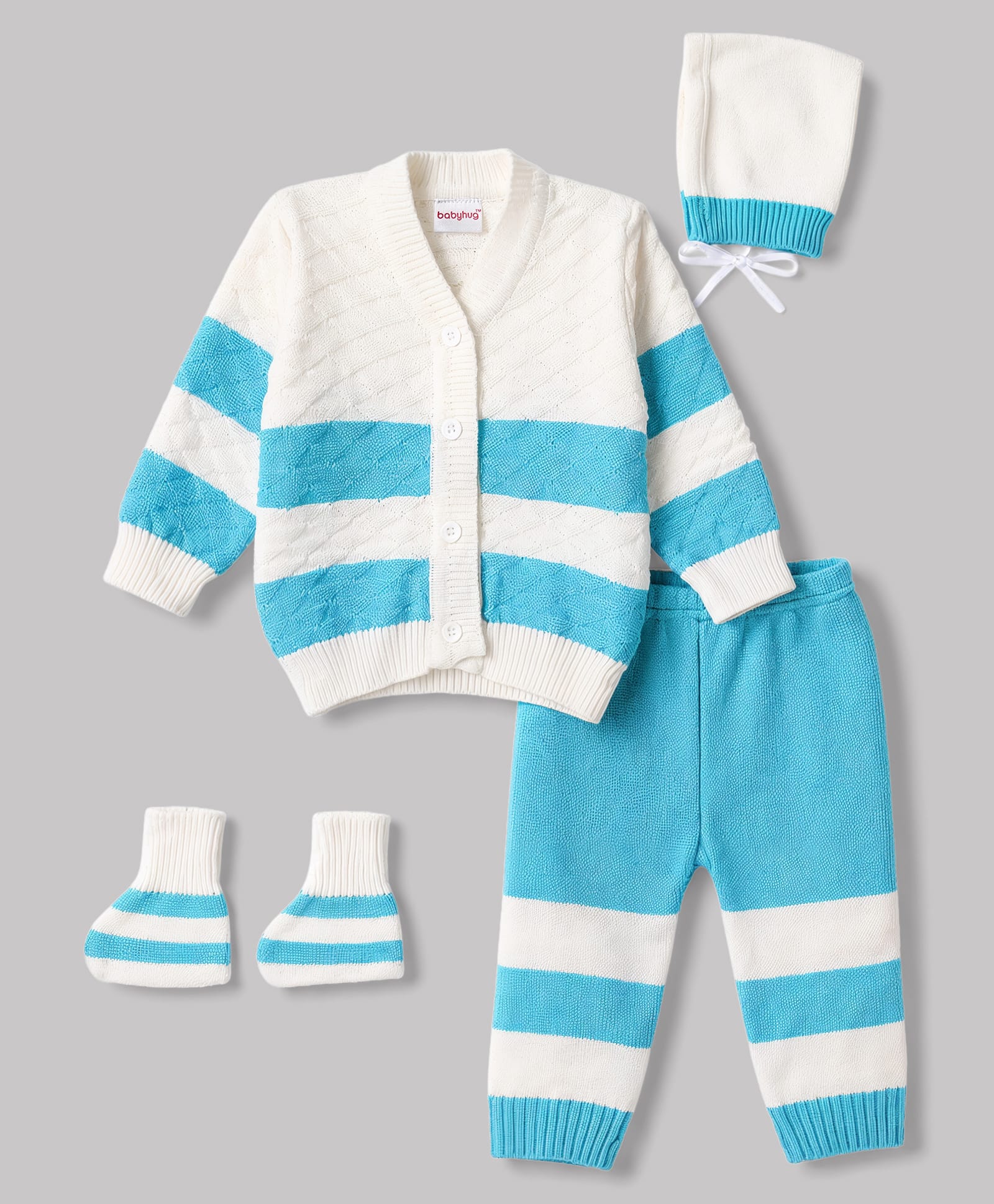 Babyhug Knit Full Sleeves Striped 4 Piece Sweater & Pant Set With Cap & Booties - Light Blue-picture-25