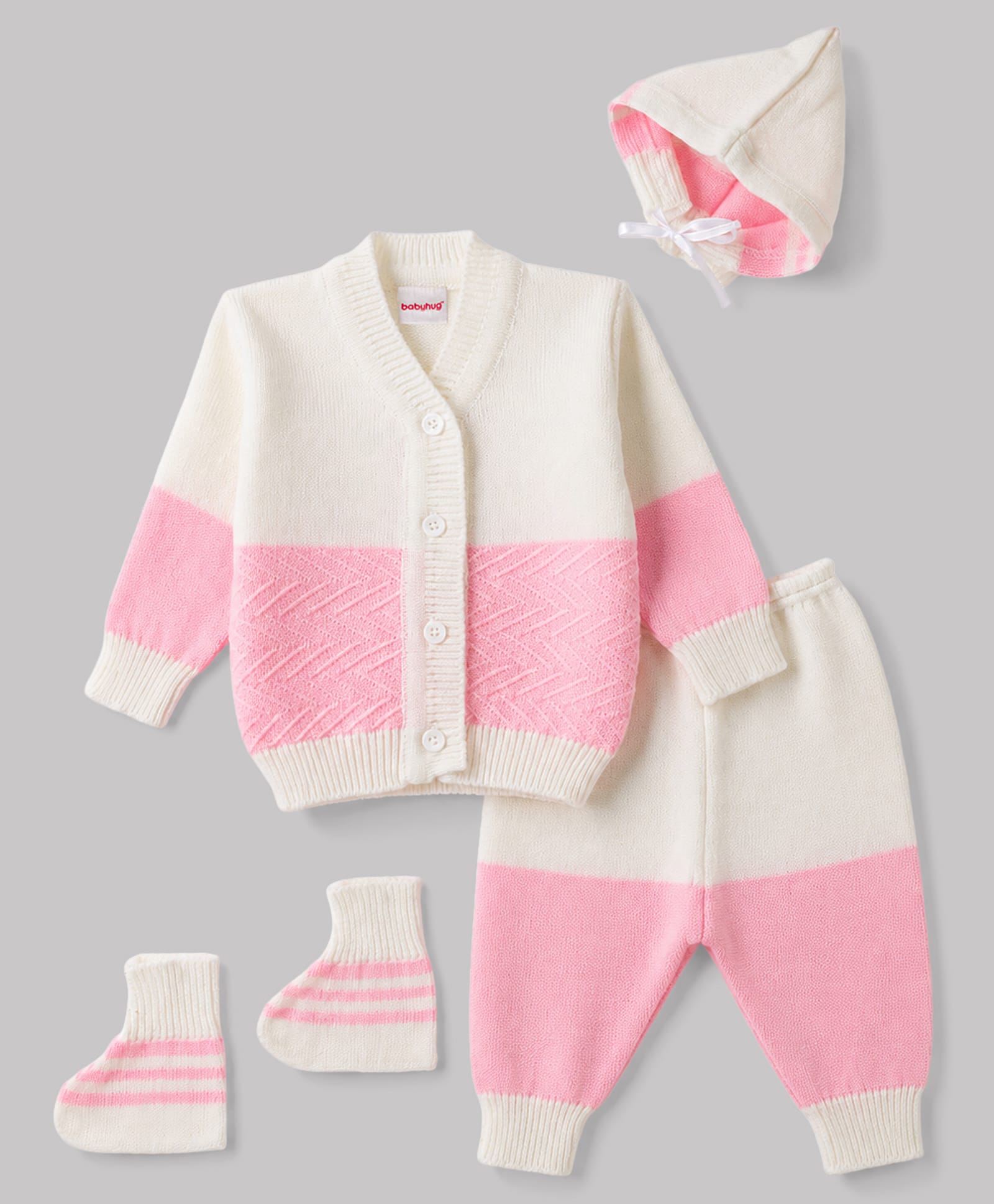 Babyhug Knit Full Sleeves Striped 4 Piece Sweater & Pant Set With Cap & Booties - Pink-picture-23