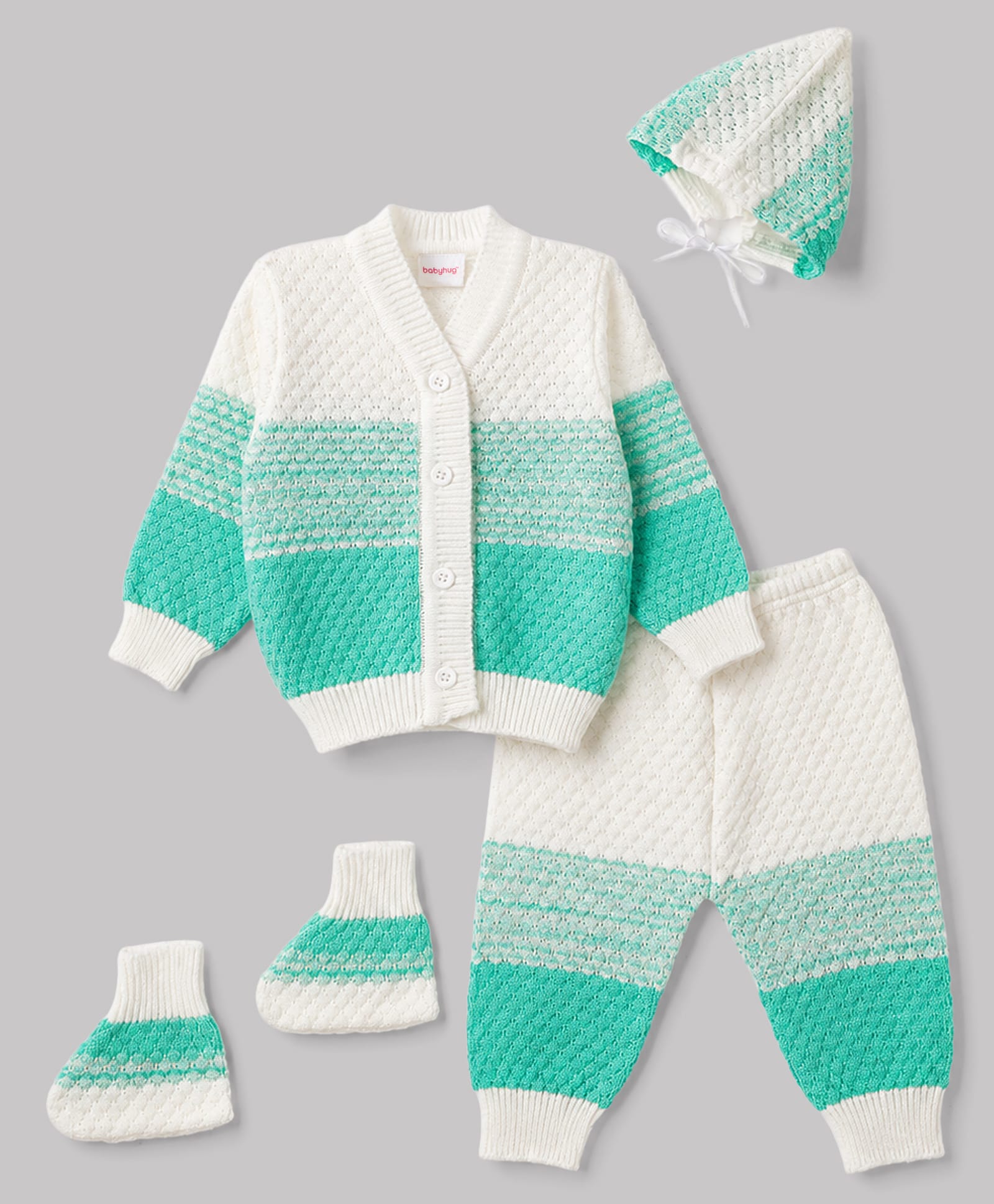 Babyhug Knit Full Sleeves Striped 4 Piece Sweater & Pant Set With Cap & Booties - Turquoise-picture-28