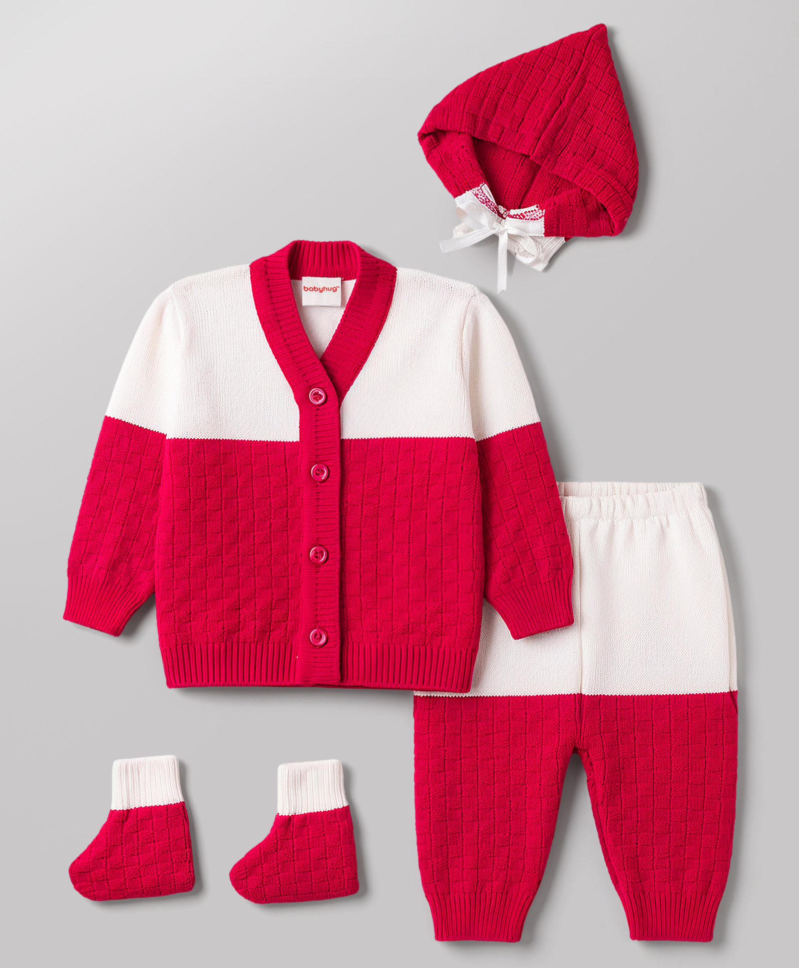 Babyhug Knit Full Sleeves Front Open Colour Block Sweater Set with Cap & Booties - Red & White-image-11
