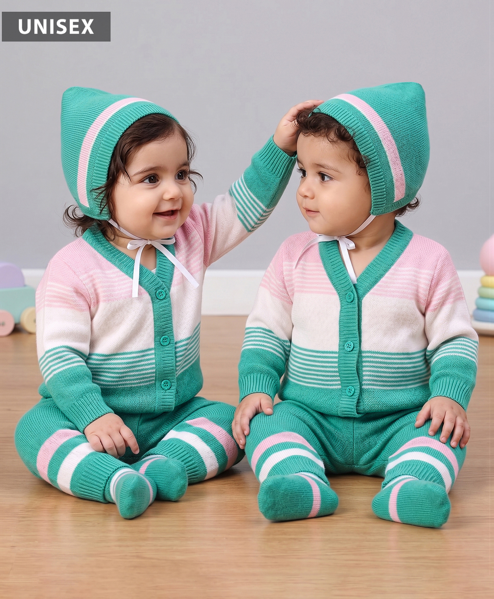Babyhug Knit Full Sleeves Striped Sweater Set With Booties & Cap - Mint-image-9
