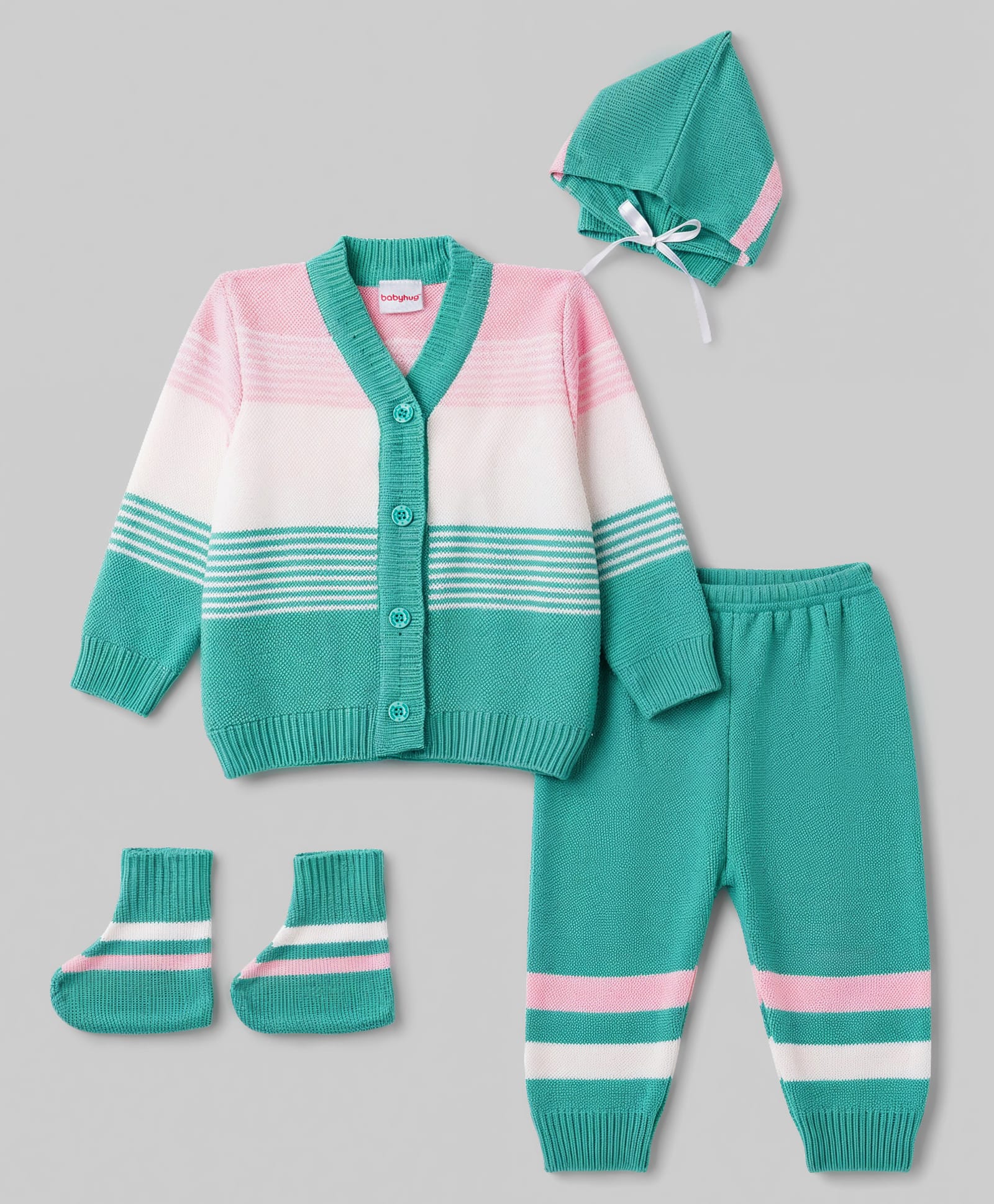 Babyhug Knit Full Sleeves Striped Sweater Set With Booties & Cap - Mint