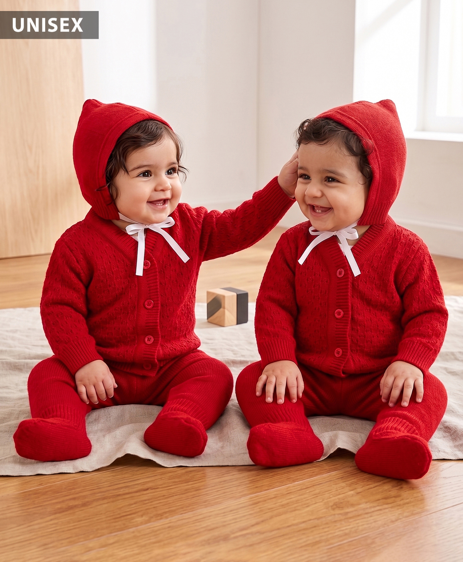 Babyhug Knit Full Sleeves Solid 4 Piece Sweater & Pant Set With Cap & Booties - Red-picture-10