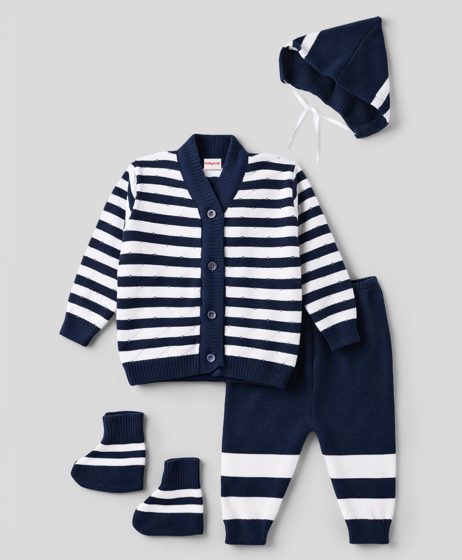 Babyhug Knit Full Sleeves Striped Sweater Set With Booties & Cap - Navy Blue-image-36