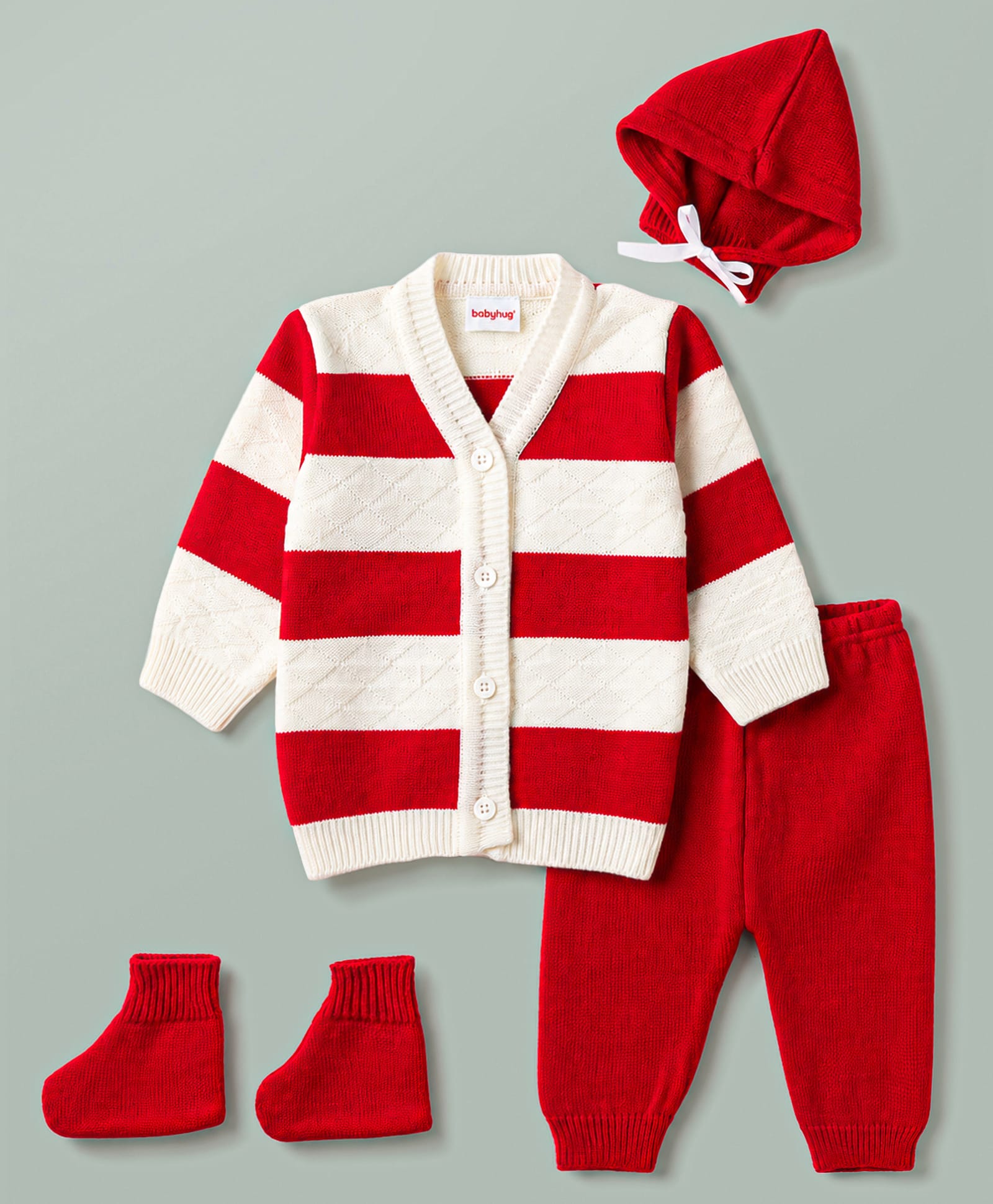 Babyhug Knit Full Sleeves Front Open Colour Block Stripe Sweater Set with Cap & Booties - Red & White-picture-16
